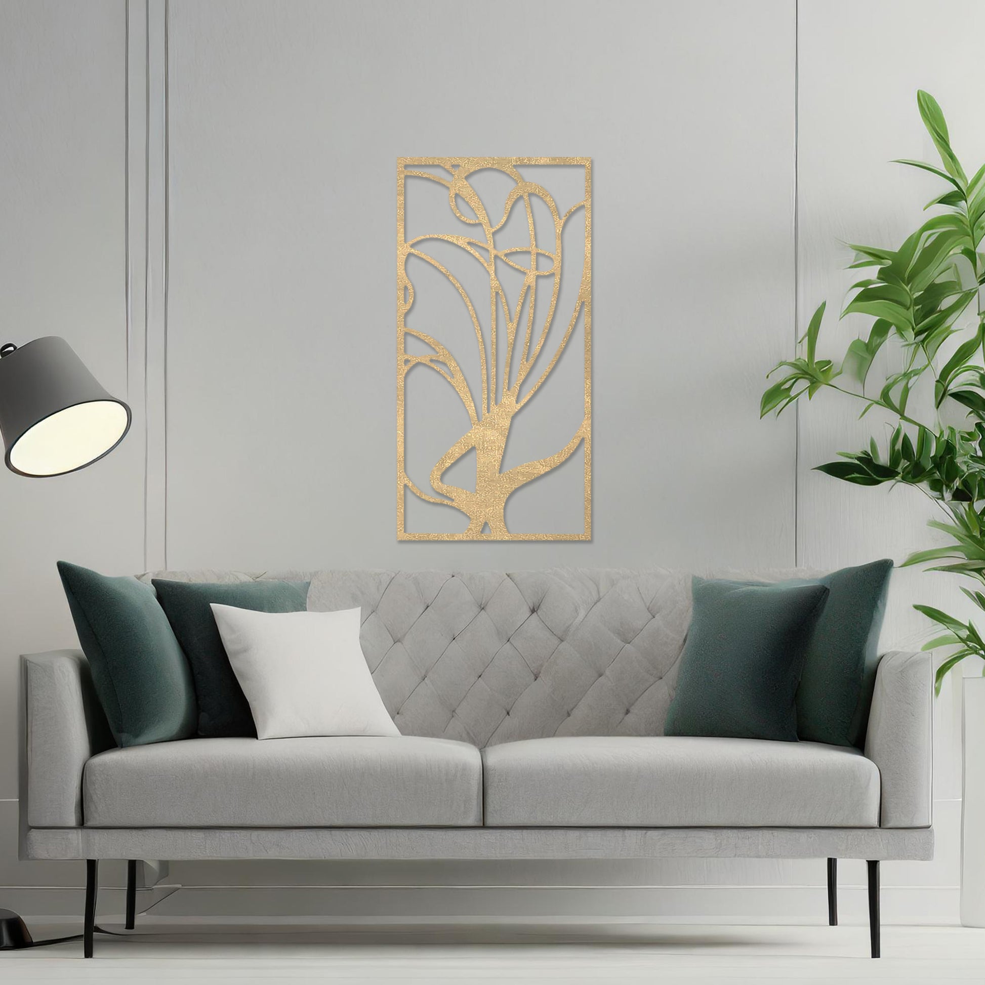 Wooden wall art featuring an abstract floral-inspired design with flowing lines, displayed on a neutral wall within modern room decor, showcasing its elegant and artistic craftsmanship.