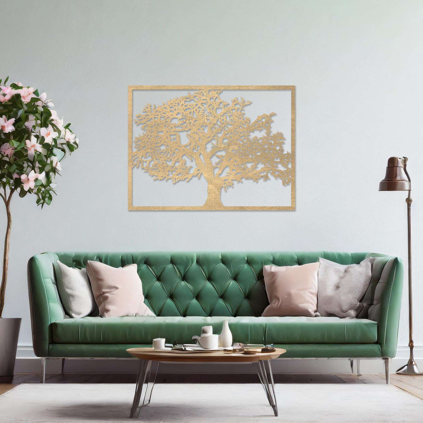 Wooden wall art featuring a rectangular tree design with detailed branches and leaves, displayed on a neutral wall within modern room decor, showcasing its natural and intricate craftsmanship.