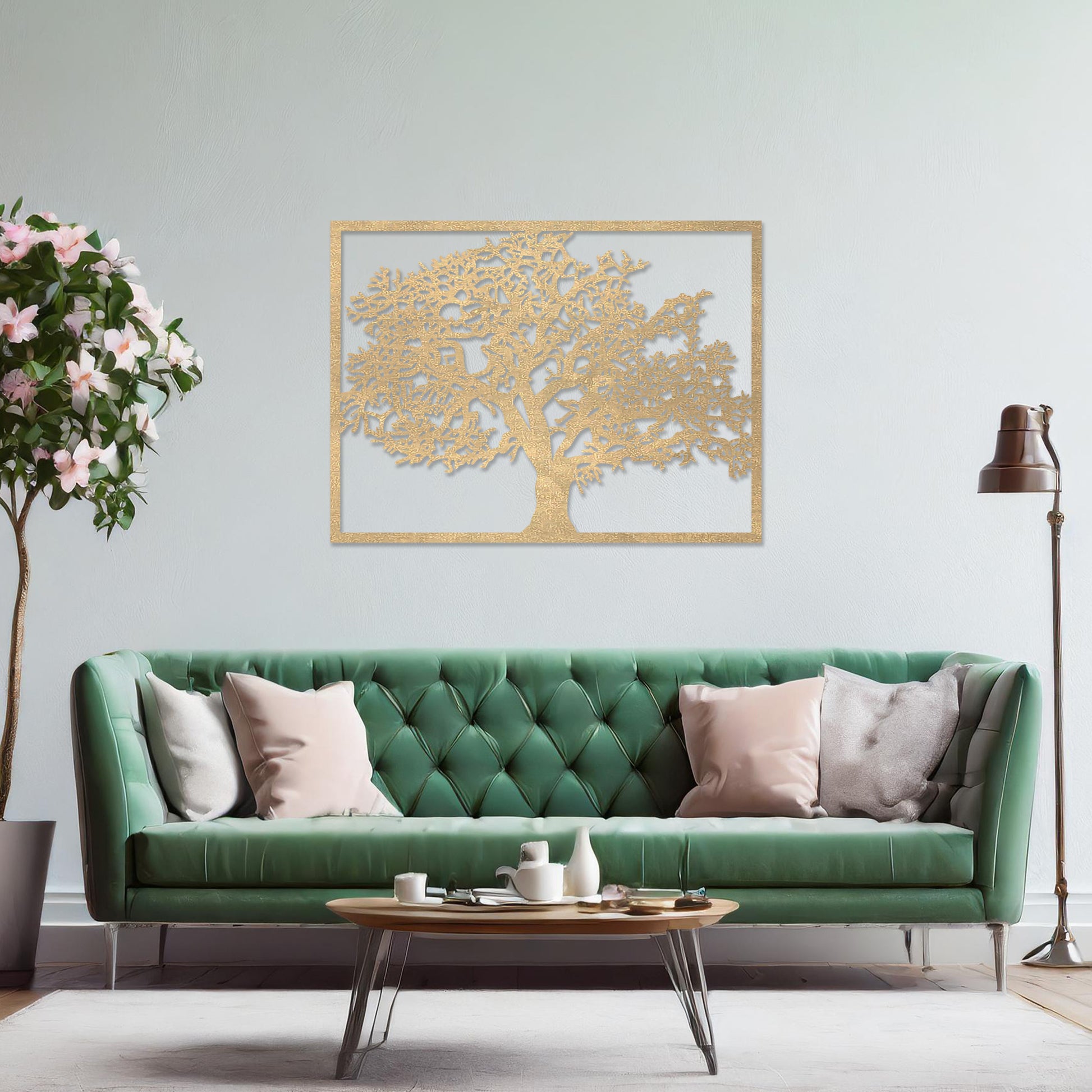 Wooden wall art featuring a rectangular tree design with detailed branches and leaves, displayed on a neutral wall within modern room decor, showcasing its natural and intricate craftsmanship.