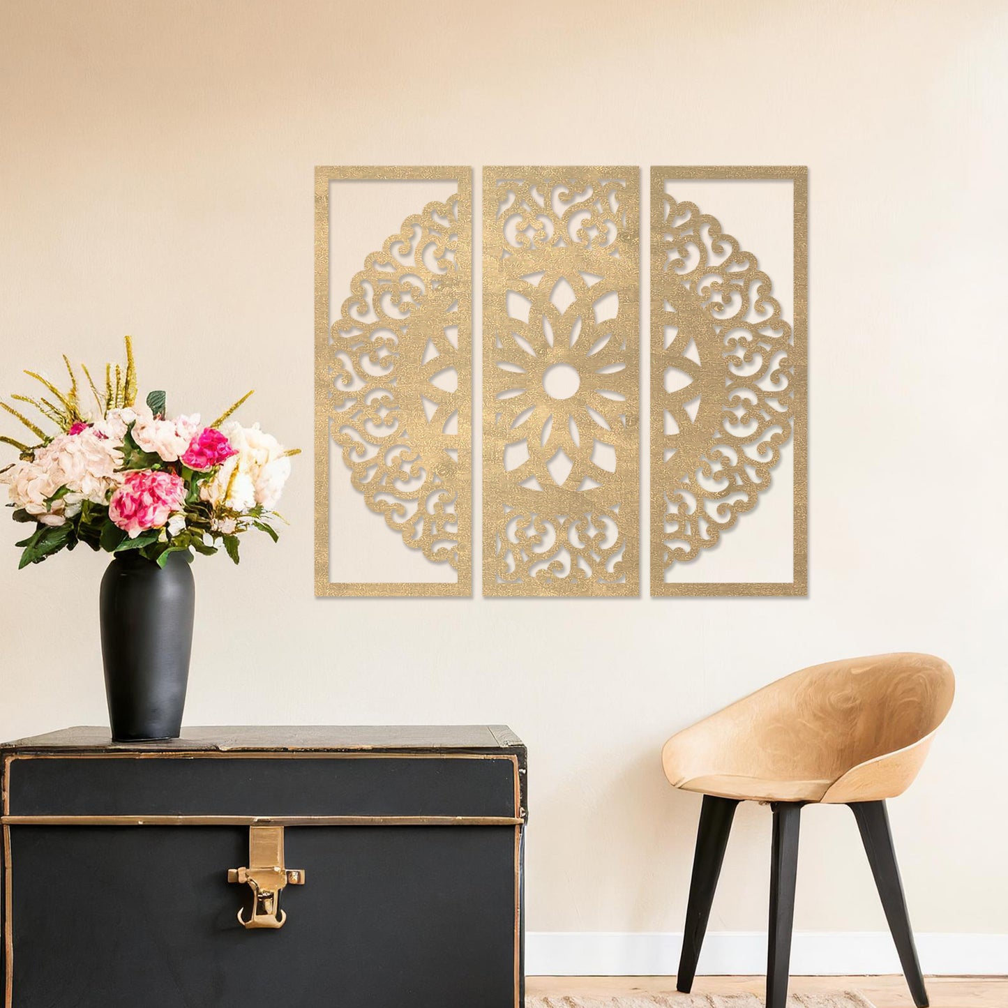 Wall art featuring a triptych design with an intricate mandala pattern framed across three panels. The artwork is displayed on a neutral wall within modern decor, adding a harmonious and decorative element to the space.