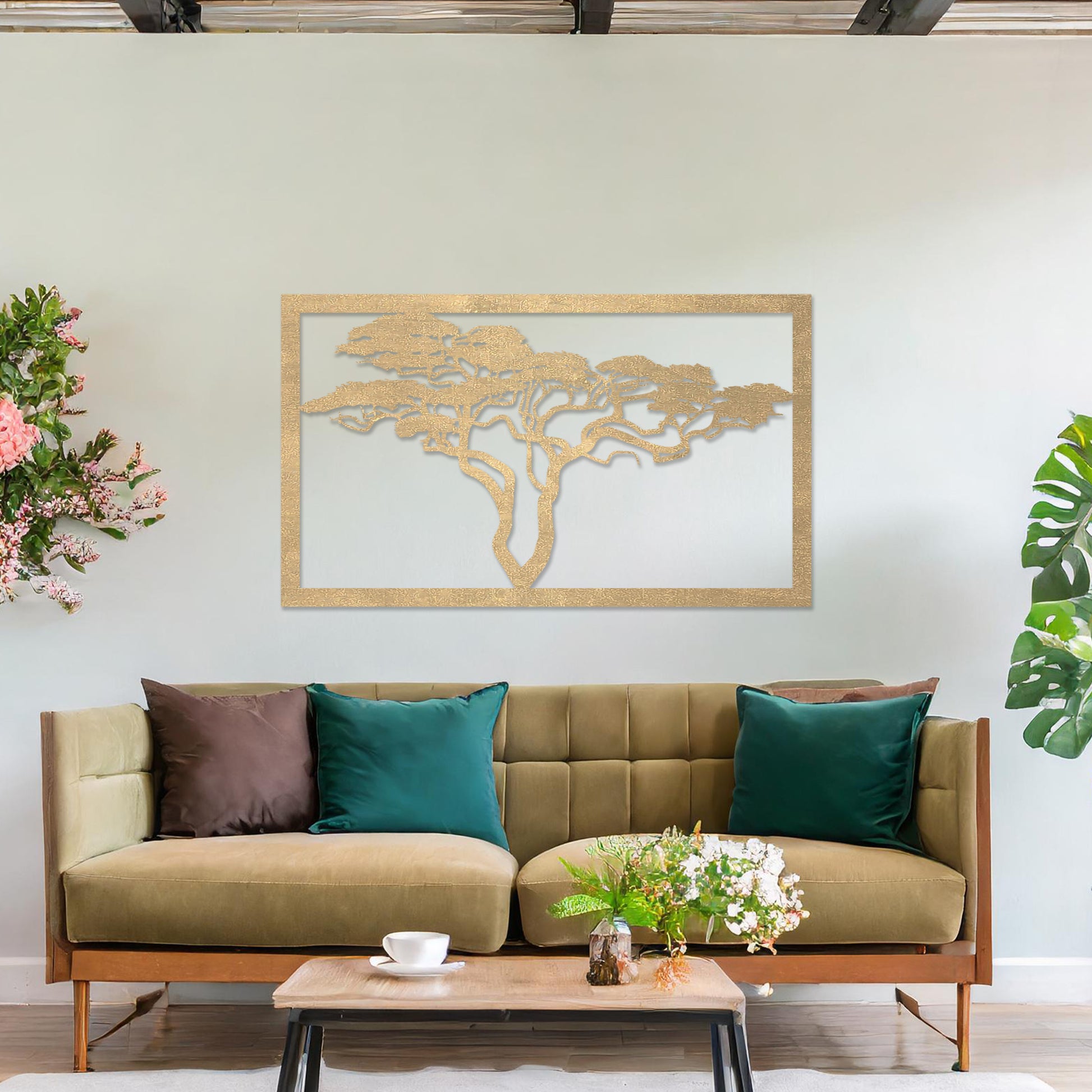 Wooden wall art featuring a rectangular design with a detailed silhouette of a tree with sprawling branches. The artwork is displayed on a neutral wall within modern room decor, showcasing its natural and artistic elegance.
