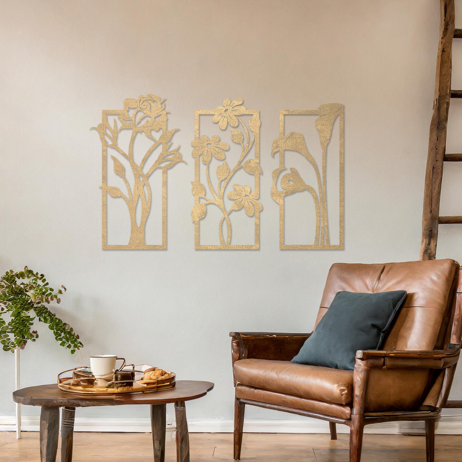 Wall art featuring a triptych of floral designs, each panel showcasing distinct flowers such as roses, daisies, and calla lilies. The artwork is displayed on a neutral wall within modern decor, adding a natural and elegant touch to the space.