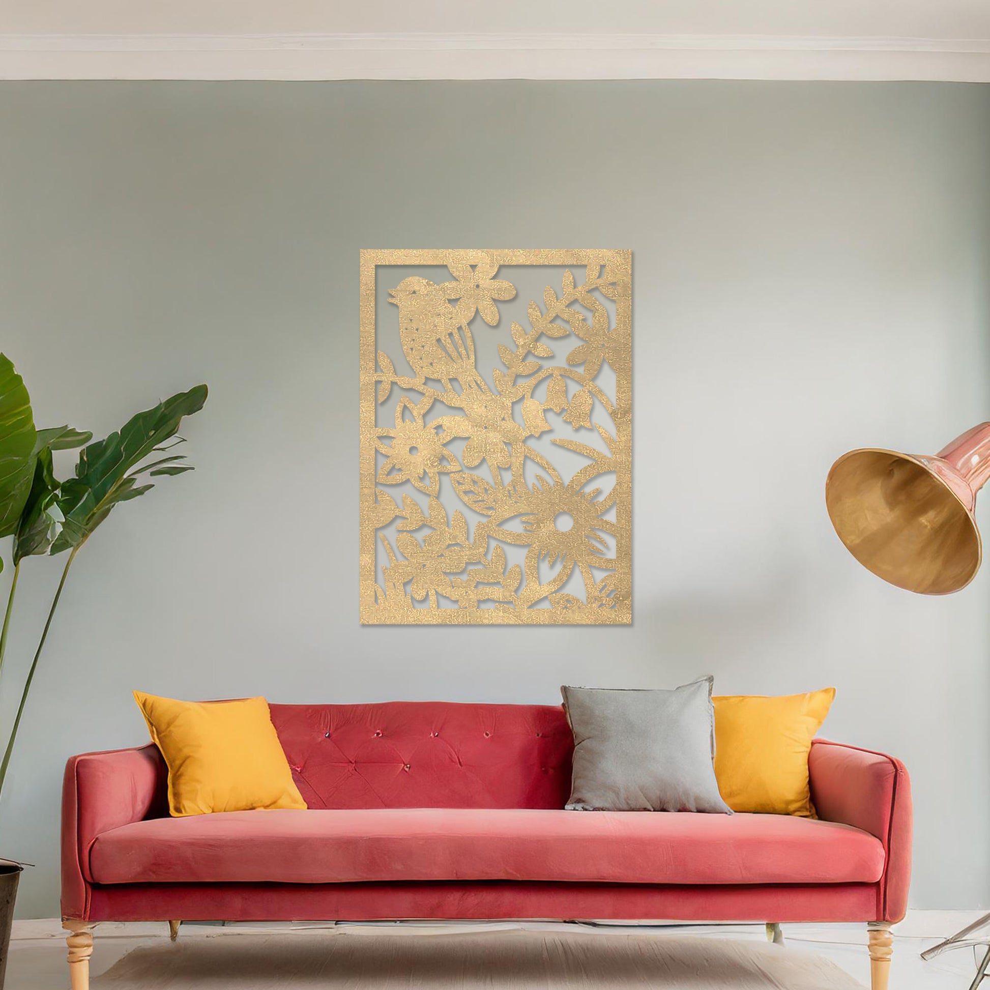 Wooden wall art design featuring a detailed scene with flowers and a bird, placed on a neutral wall within modern room decor. The design showcases nature-inspired elements, creating a balanced and harmonious aesthetic.