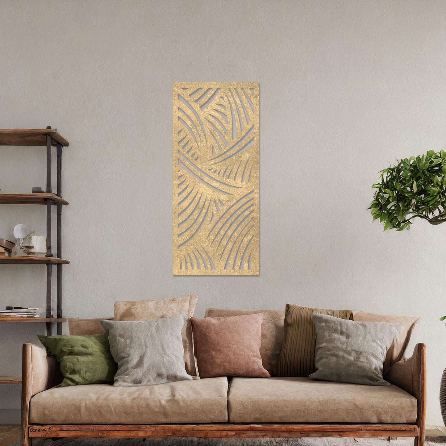 Wall art featuring an abstract design with intersecting curved lines creating a dynamic pattern. The piece is displayed on a neutral wall within modern decor, adding a bold and artistic statement to the space.