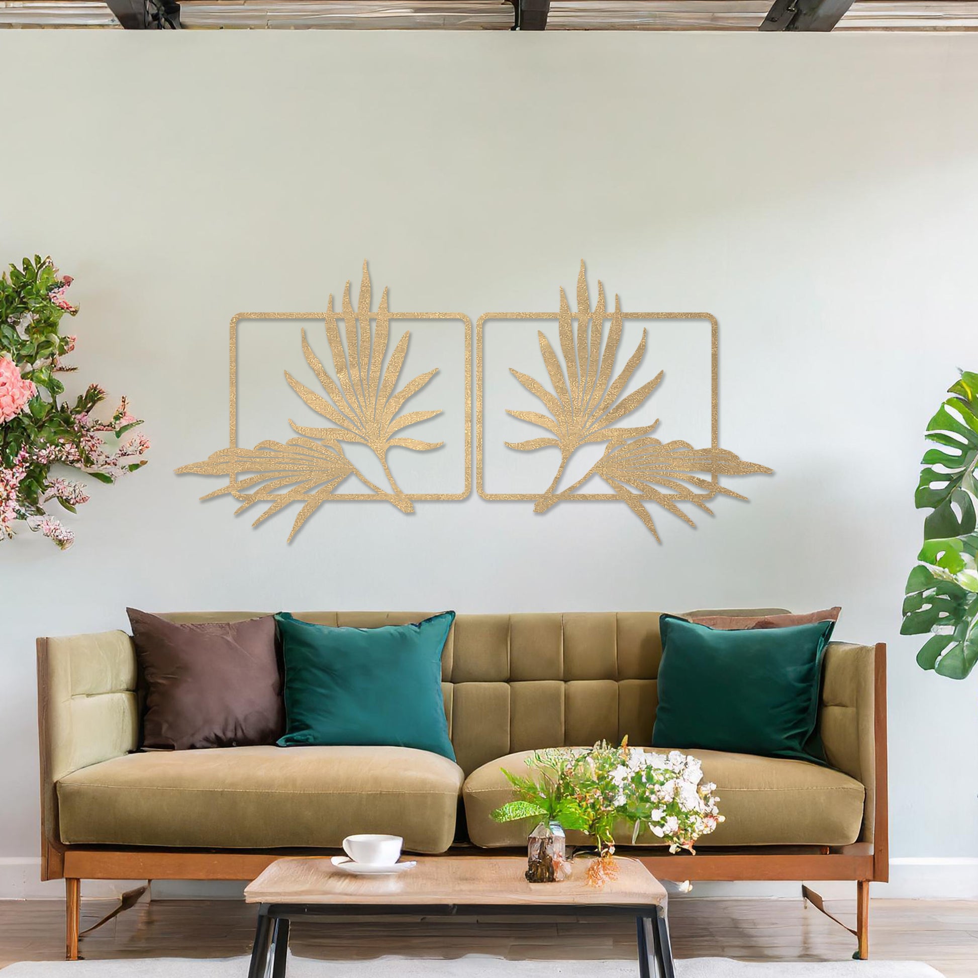 Wooden wall art featuring two symmetrical palm leaf designs within rectangular frames. The artwork is placed on a neutral wall in modern room decor, showcasing its elegant natural motif.