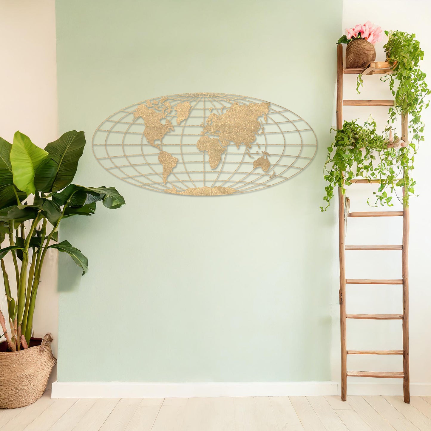 Wooden wall art featuring an oval world map design with detailed continents outlined on a grid, displayed on a neutral wall within modern room decor, showcasing its elegant and contemporary craftsmanship.