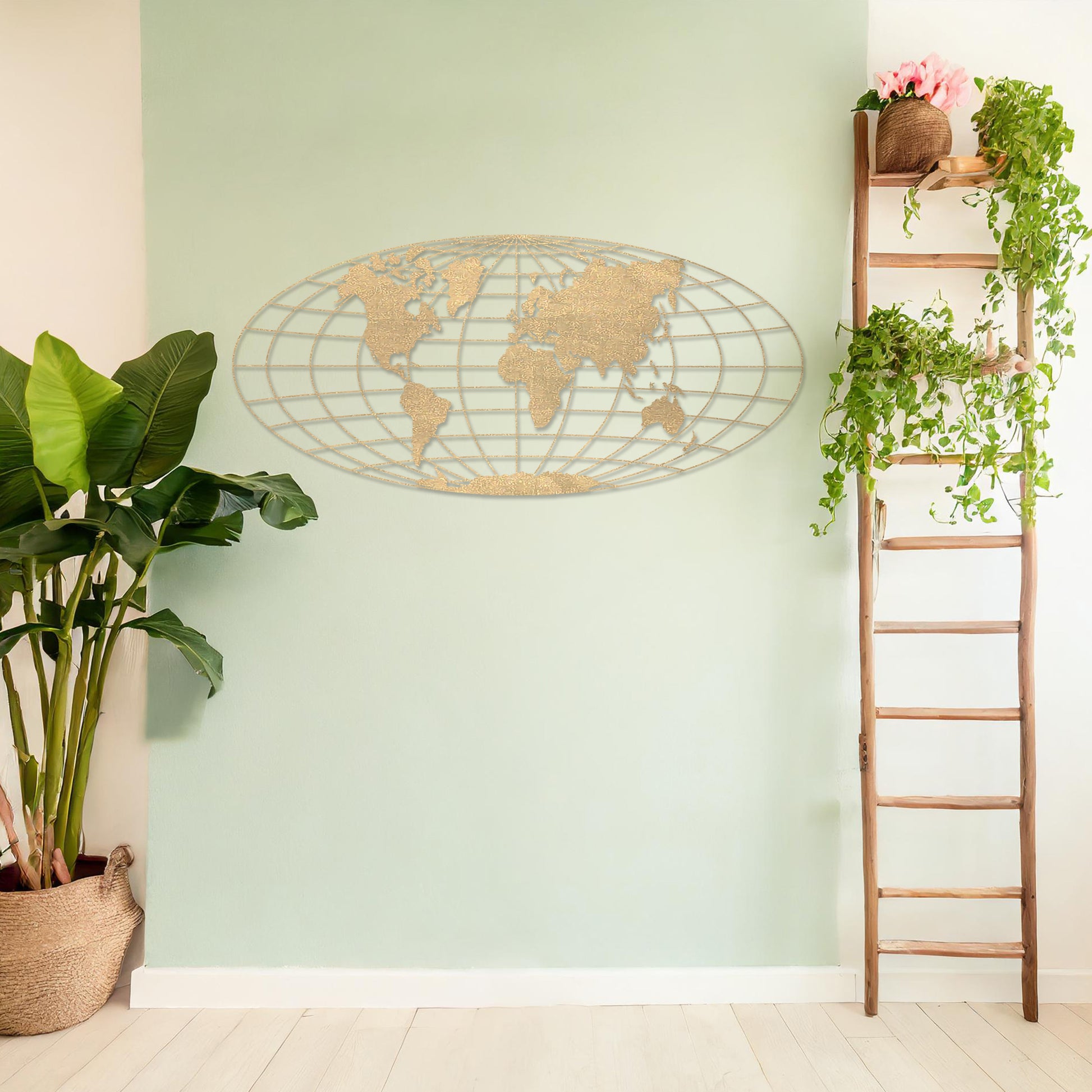 Wooden wall art featuring an oval world map design with detailed continents outlined on a grid, displayed on a neutral wall within modern room decor, showcasing its elegant and contemporary craftsmanship.