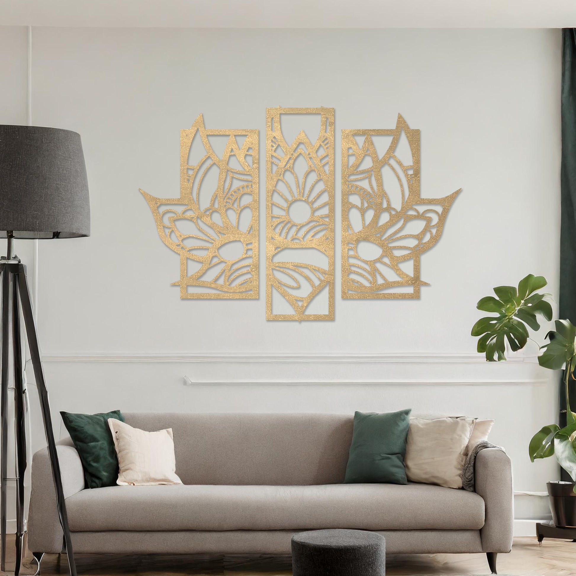 Wall art featuring a lotus-inspired floral design in three distinct panels with intricate geometric patterns. The piece is mounted on a neutral wall within modern room decor, adding elegance to the space.