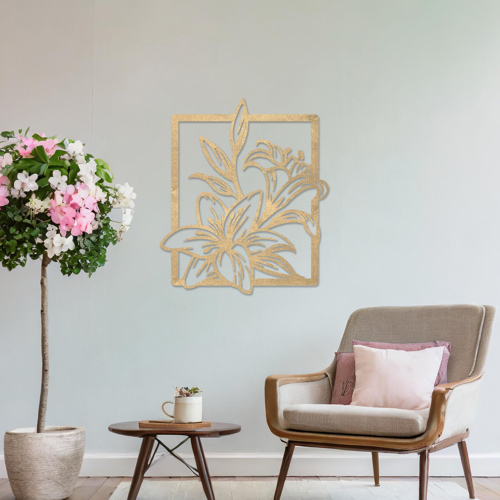 Wooden wall art featuring a delicate floral design with intricate details of lilies and leaves, placed on a neutral wall within a modern room decor, showcasing its elegant and timeless craftsmanship.