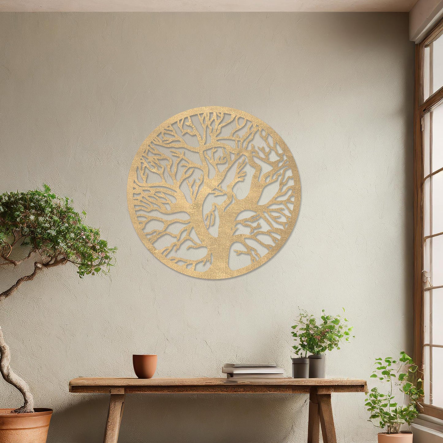 This design showcases a tree with intricate branches within a circular frame, offering a natural, organic look. Its detailed pattern symbolizes growth and connection, adding elegance to contemporary spaces.