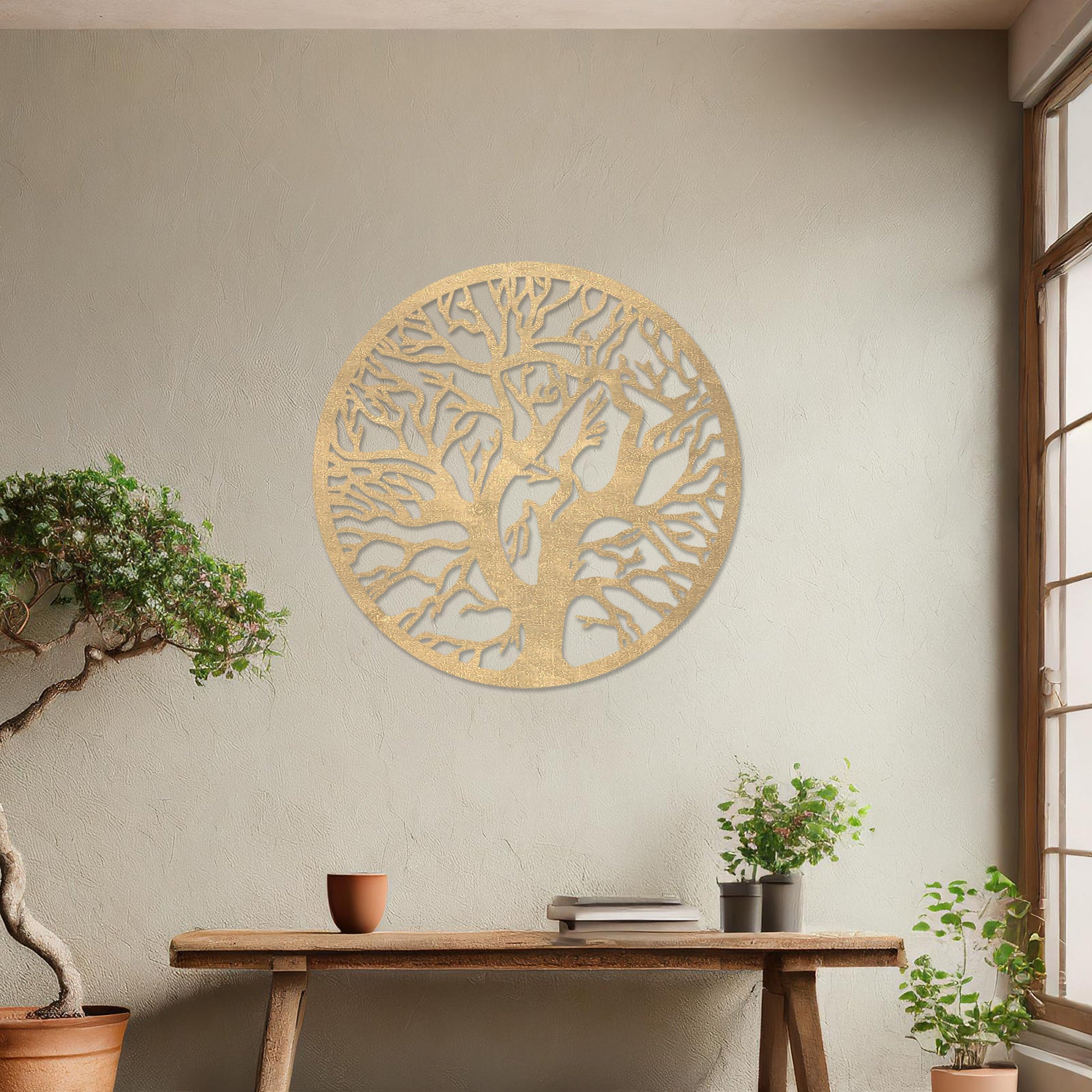 This design showcases a tree with intricate branches within a circular frame, offering a natural, organic look. Its detailed pattern symbolizes growth and connection, adding elegance to contemporary spaces.