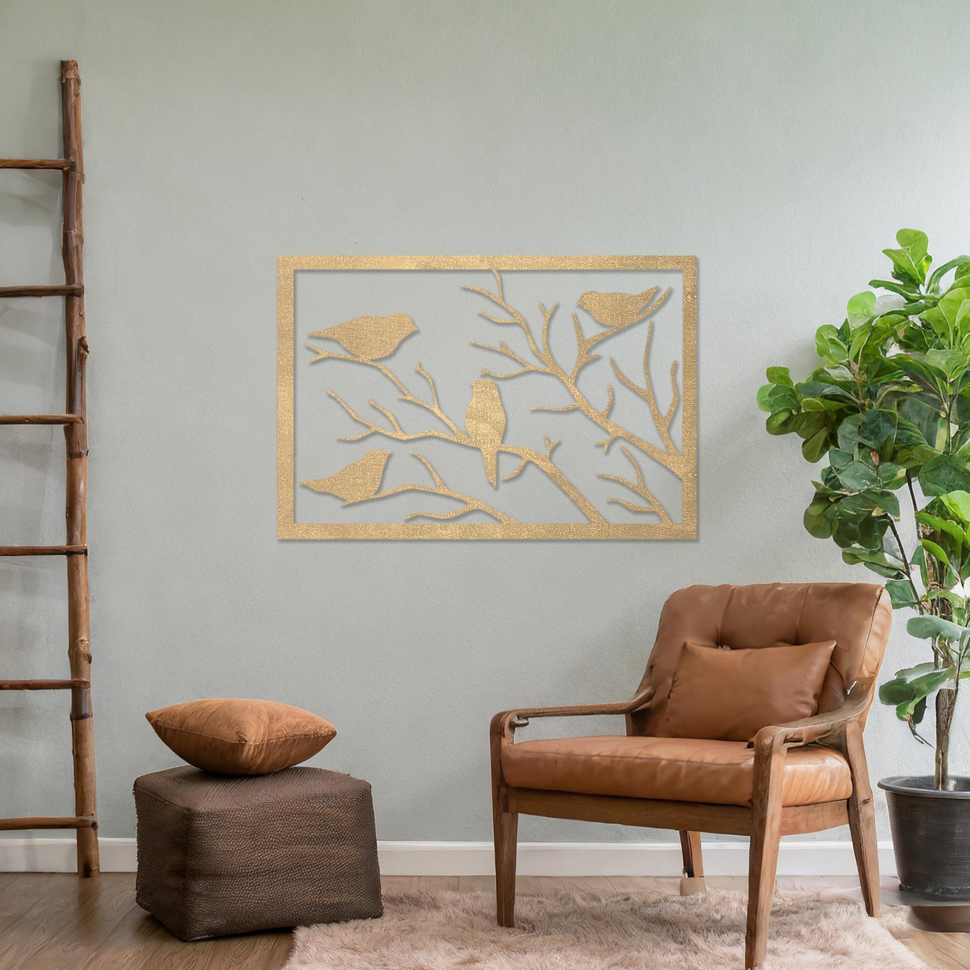Wooden wall art featuring a rectangular design with birds perched on tree branches, displayed on a neutral wall within modern room decor, highlighting its elegant and nature-inspired craftsmanship.