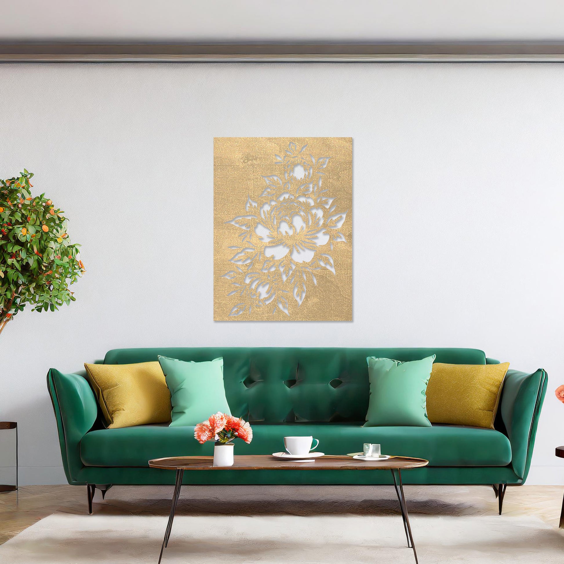 Wall art featuring a detailed floral design with blooming peonies and intricate leaves. The piece is mounted on a neutral wall within modern room decor, adding a touch of natural elegance to the space.