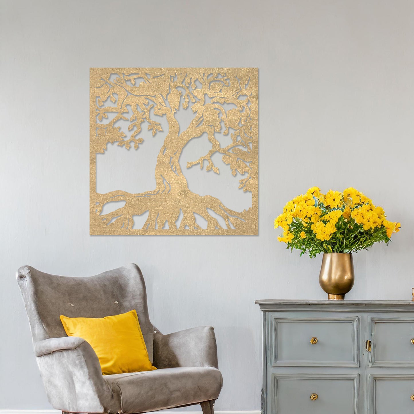 Wall art featuring a detailed tree of life design with sprawling branches and roots, symbolising growth and connection. The piece is displayed on a neutral wall within rustic-modern decor, adding a natural and meaningful focal point to the space.