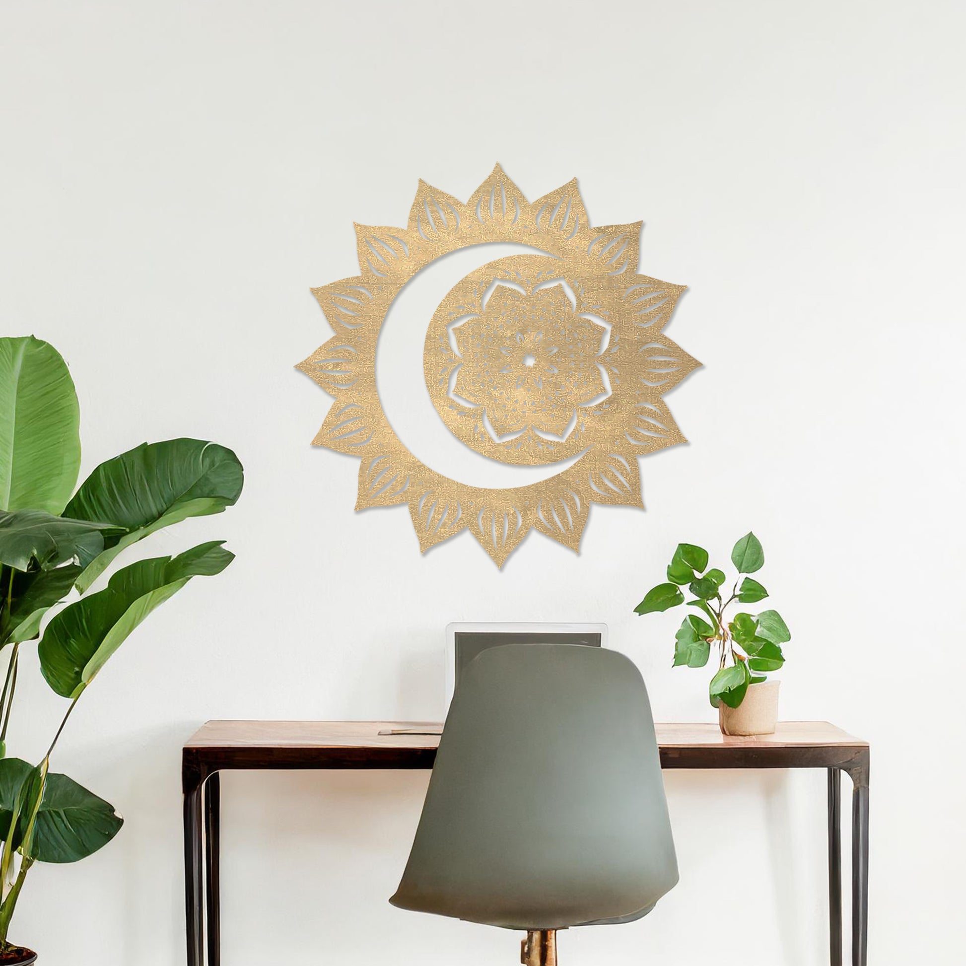 Wall art featuring a crescent moon surrounded by a mandala-inspired floral design with intricate details. The piece is displayed on a neutral wall within modern decor, adding a serene and decorative touch to the space.