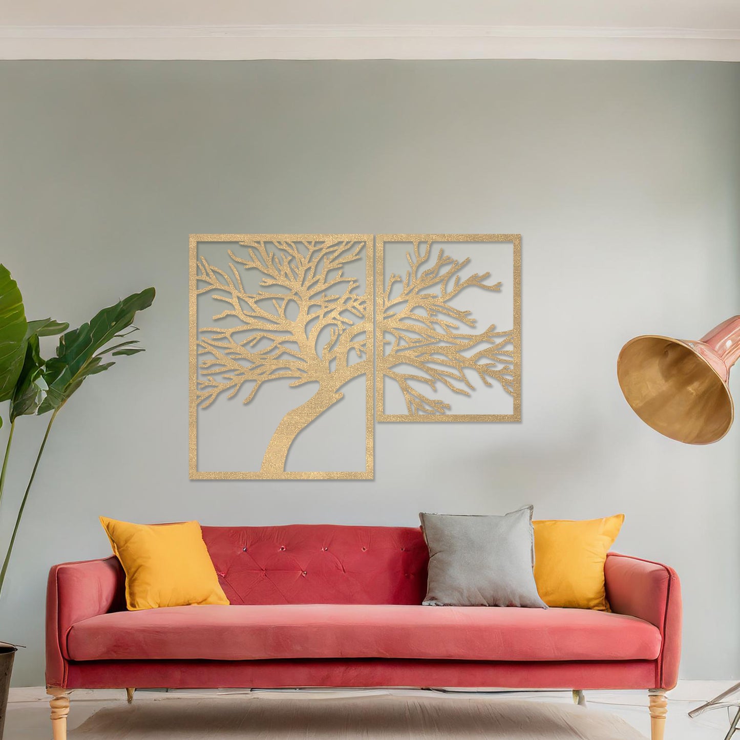 Wooden wall art design featuring a two-panel composition of a bare tree with intricate branches, placed on a neutral wall within modern room decor. The design captures natural beauty with a minimalist, elegant form.