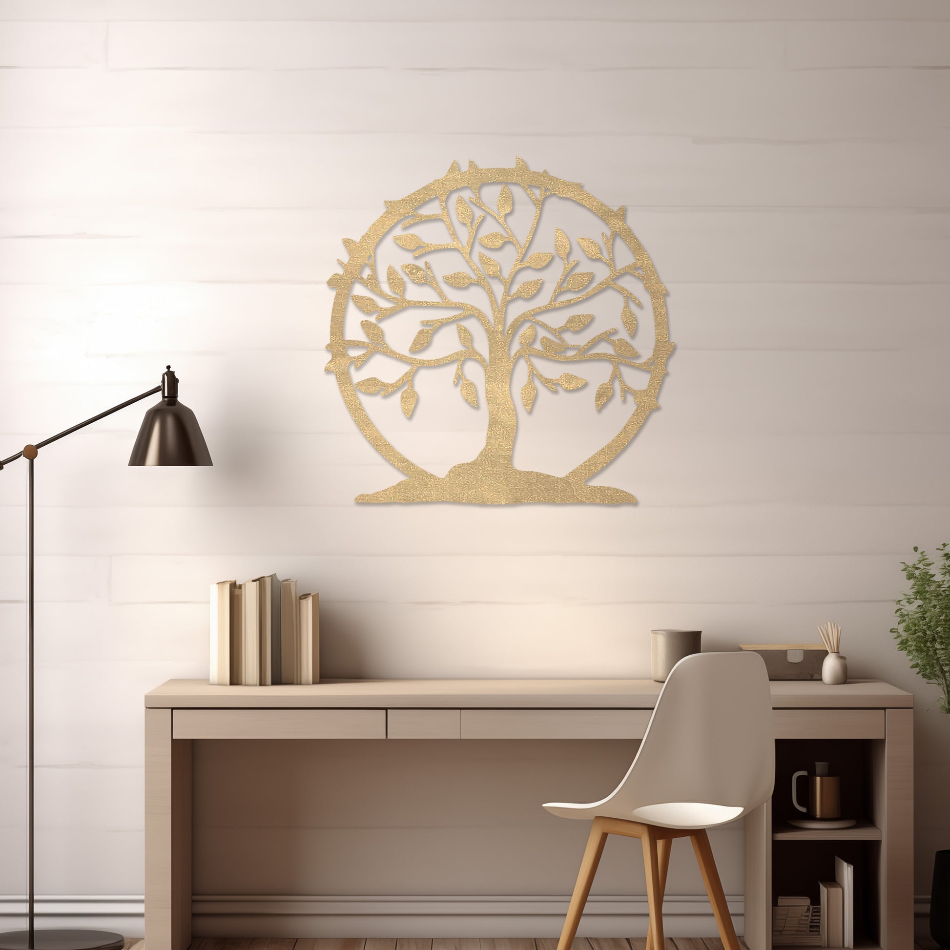 Wooden wall art featuring a circular tree design with branches, leaves, and a border of thorns. The artwork is displayed on a neutral wall within modern room decor, emphasising its natural and symbolic charm.