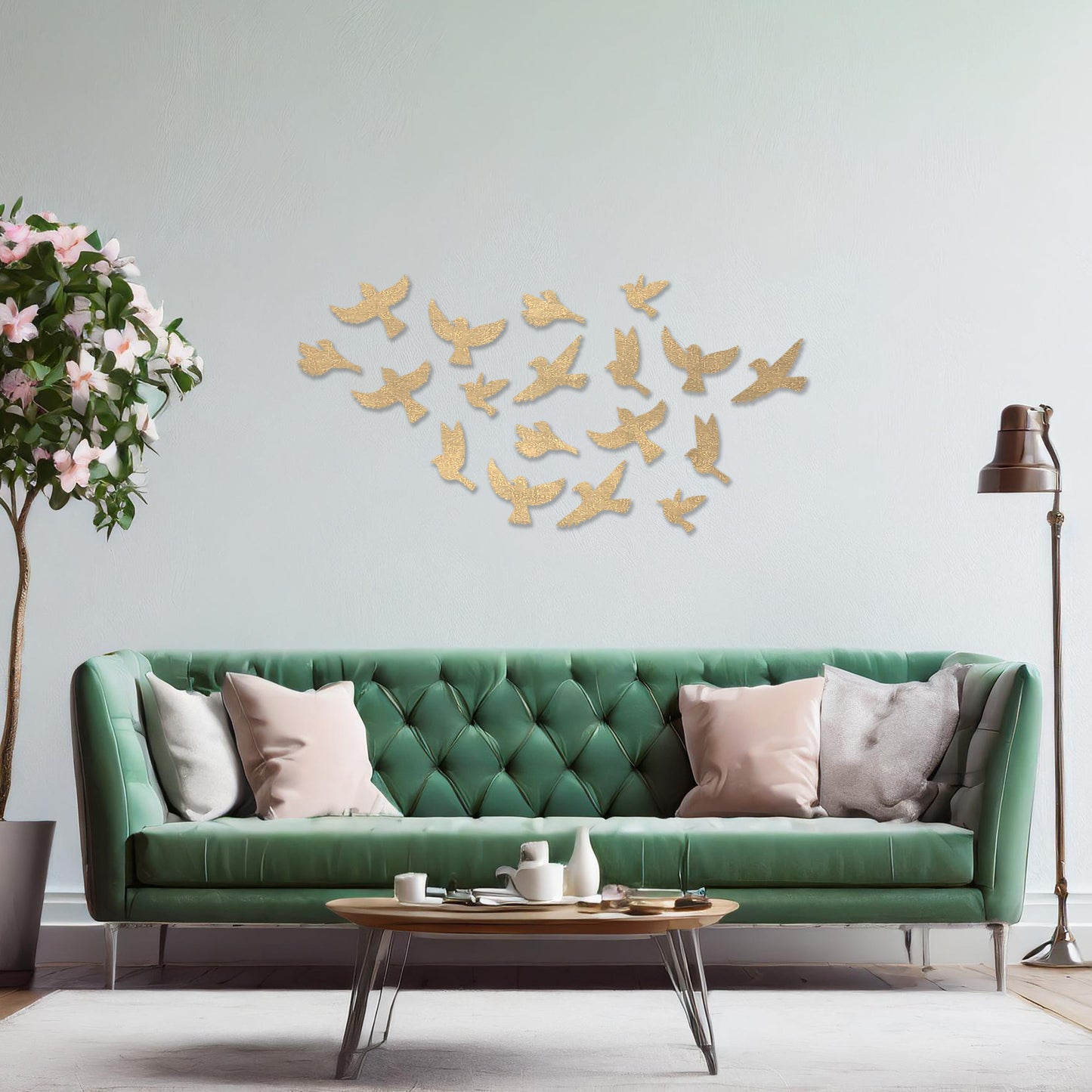 Wooden wall art featuring a flock of birds in flight arranged in a scattered pattern, displayed on a neutral wall within modern room decor, highlighting its dynamic and nature-inspired craftsmanship.
