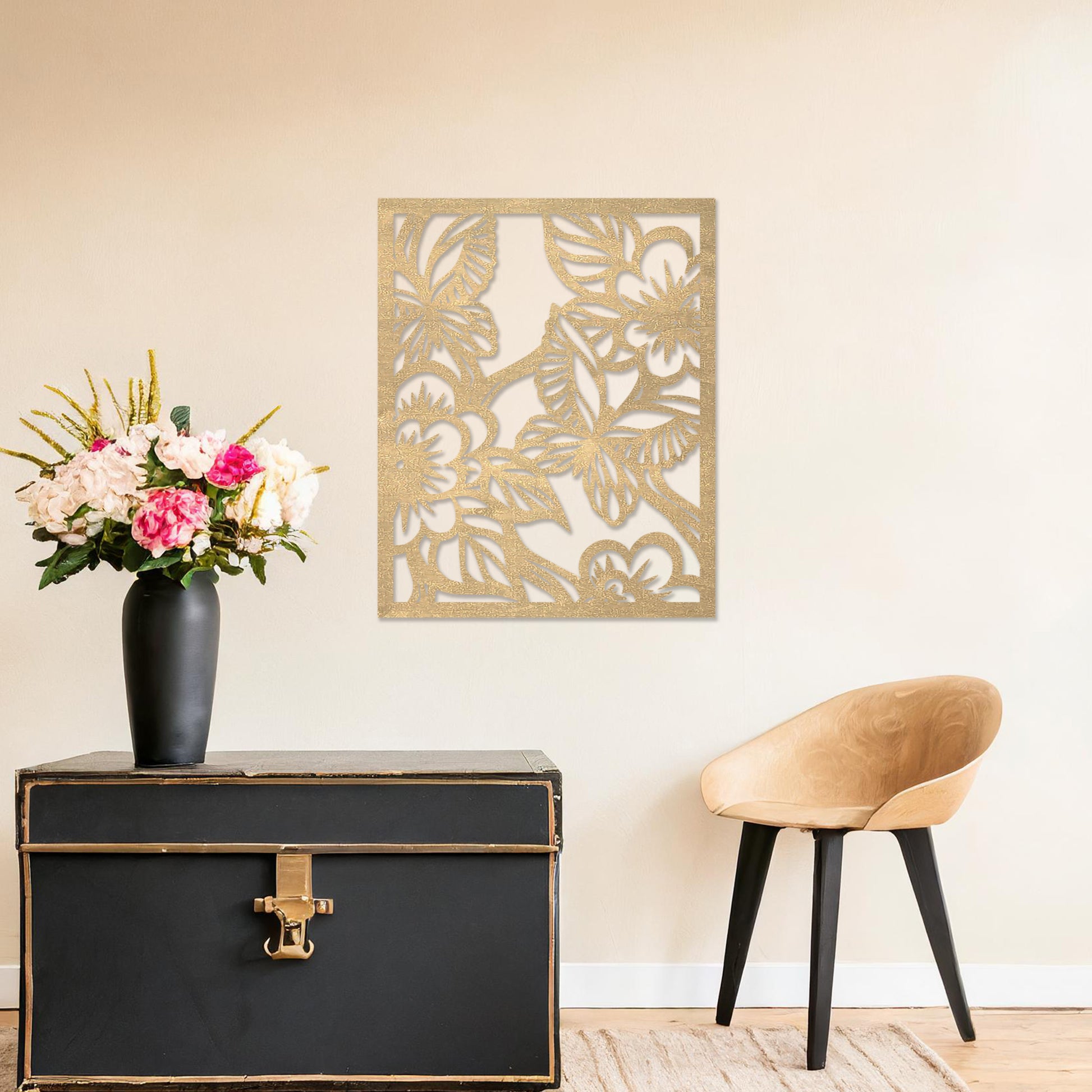 Wooden wall art featuring a square design with intricate floral and leaf patterns, showcasing a vibrant natural theme. The artwork is displayed on a neutral wall within modern room decor, highlighting its artistic and elegant appeal.