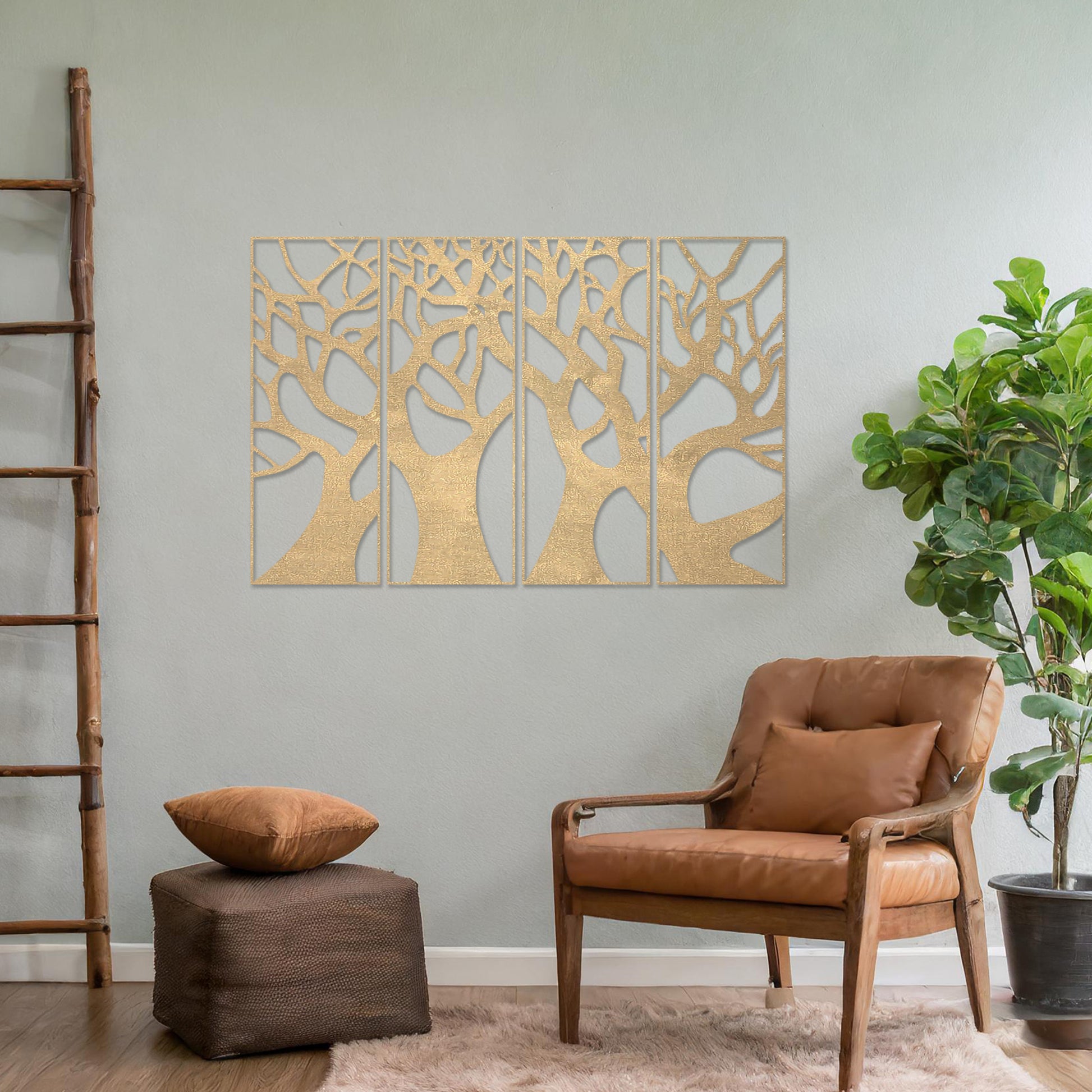 Wooden wall art featuring a set of four panels with an abstract tree design, showcasing interwoven trunks and branches, displayed on a neutral wall within modern room decor, highlighting its intricate and artistic craftsmanship.