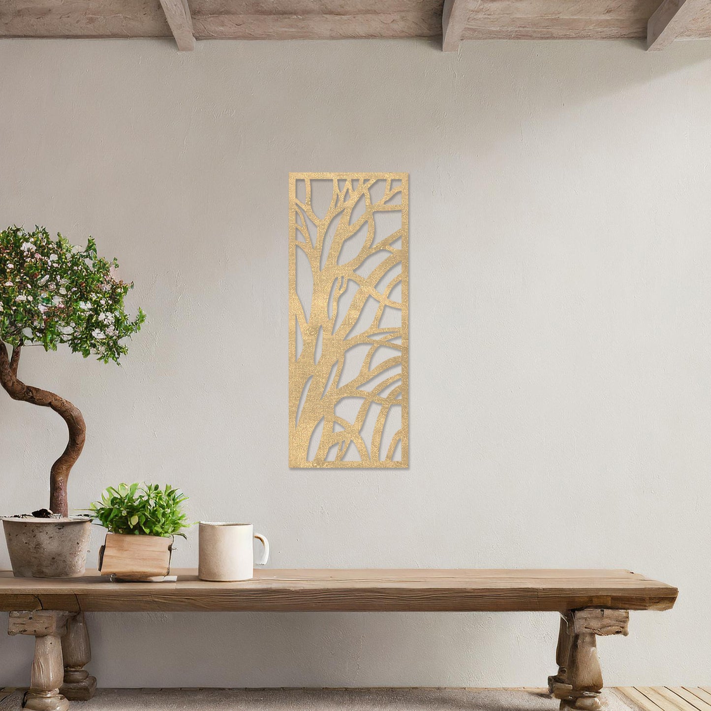 Wooden wall art featuring a rectangular design with an abstract tree branch pattern. The artwork is displayed on a neutral wall within modern room decor, emphasising its minimalist and natural aesthetic.
