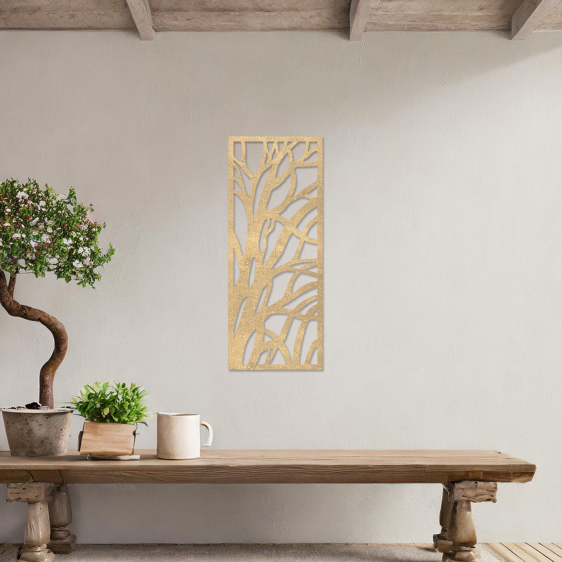 Wooden wall art featuring a rectangular design with an abstract tree branch pattern. The artwork is displayed on a neutral wall within modern room decor, emphasising its minimalist and natural aesthetic.