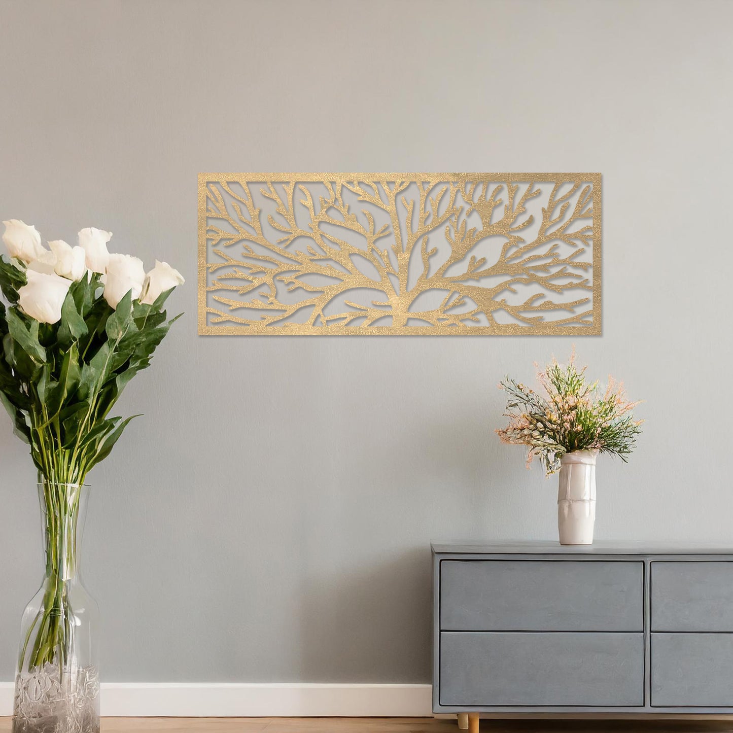 Wall art featuring a horizontal tree branch design with intricate and detailed branching patterns. The piece is displayed on a neutral wall within modern office decor, adding a natural and contemporary element to the space.