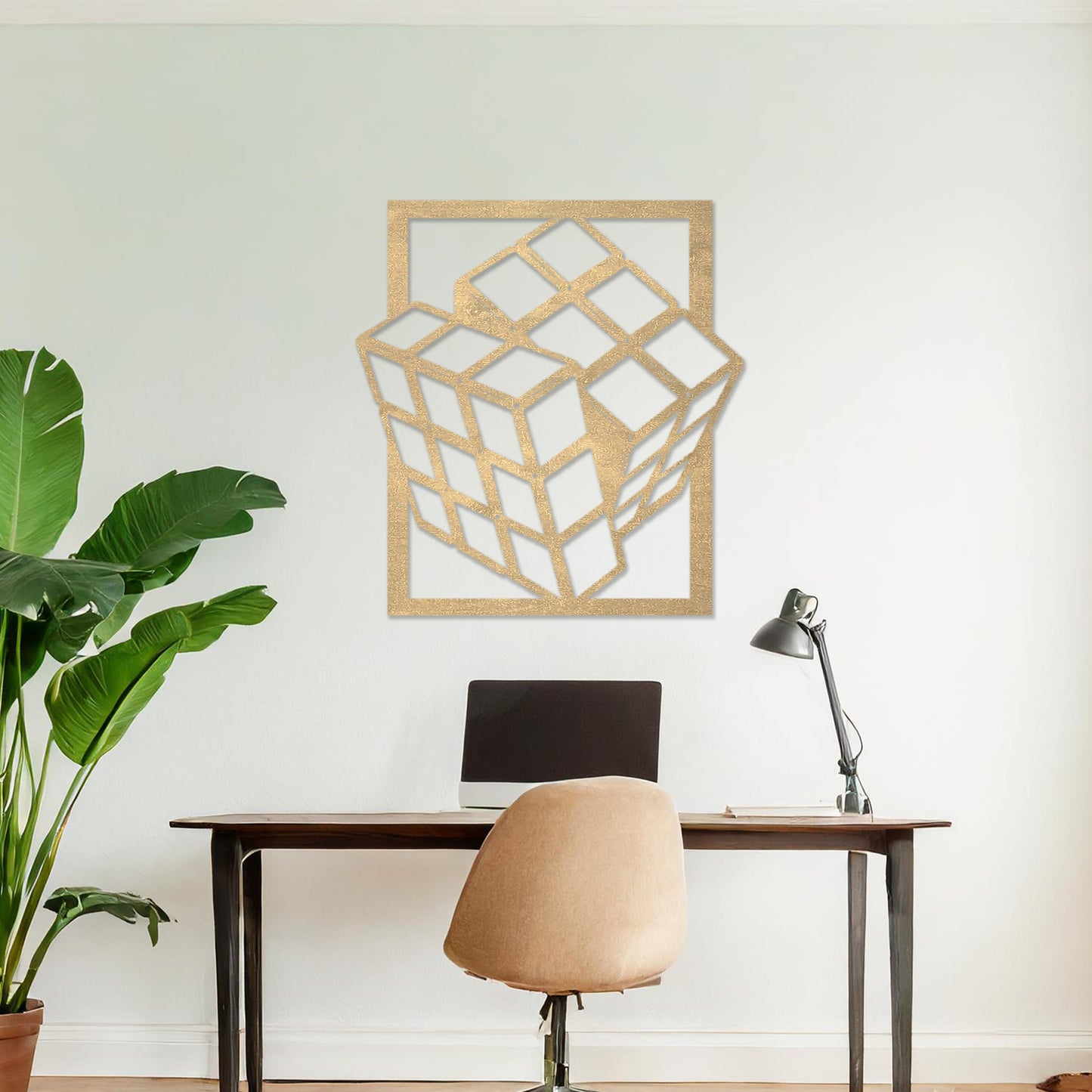Wooden wall art featuring a three-dimensional geometric cube design, displayed on a neutral wall within modern room decor, highlighting its bold and contemporary craftsmanship.
