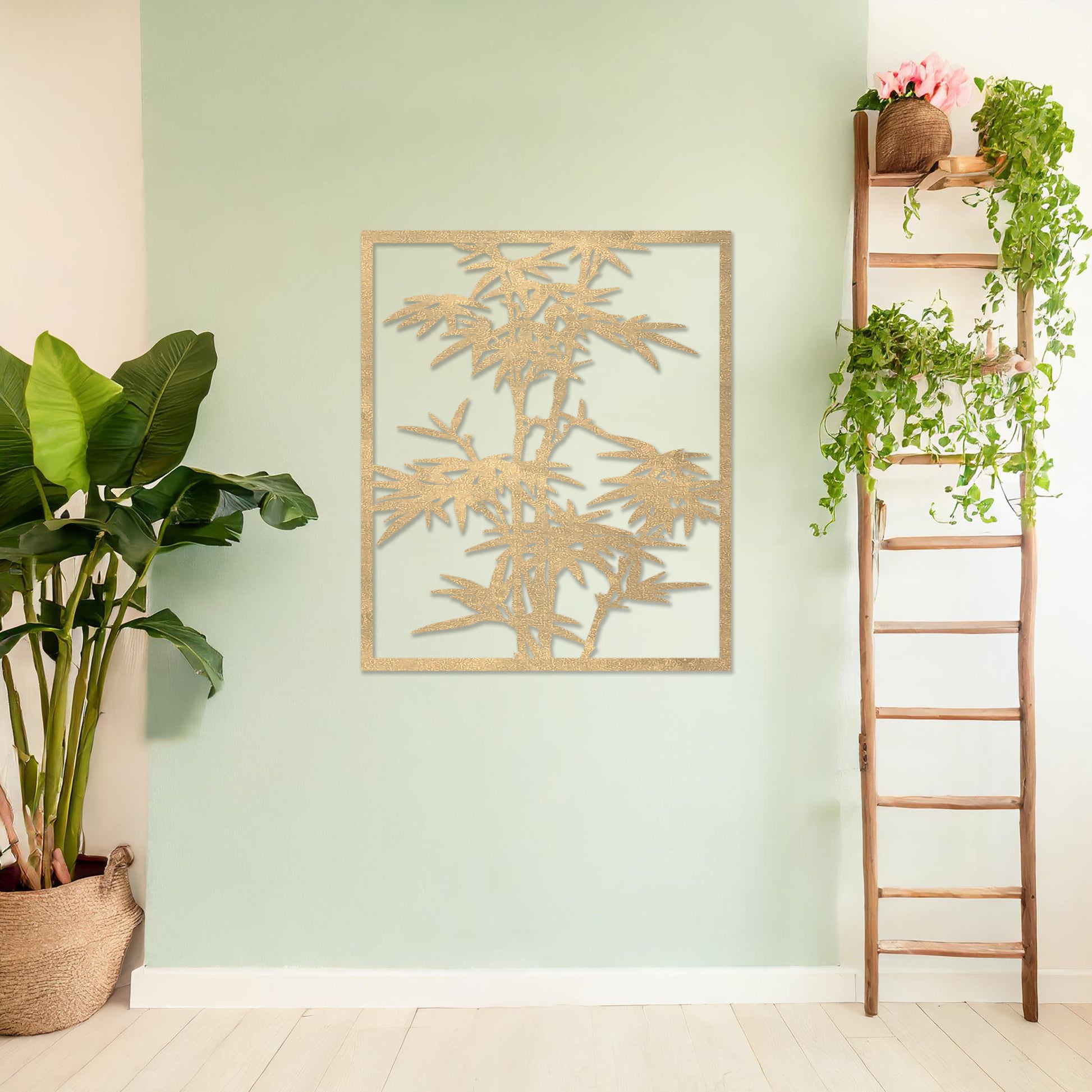 Wooden wall art featuring a rectangular bamboo design with intricate leaves and stalks, displayed on a neutral wall within modern room decor, highlighting its elegant and nature-inspired craftsmanship.