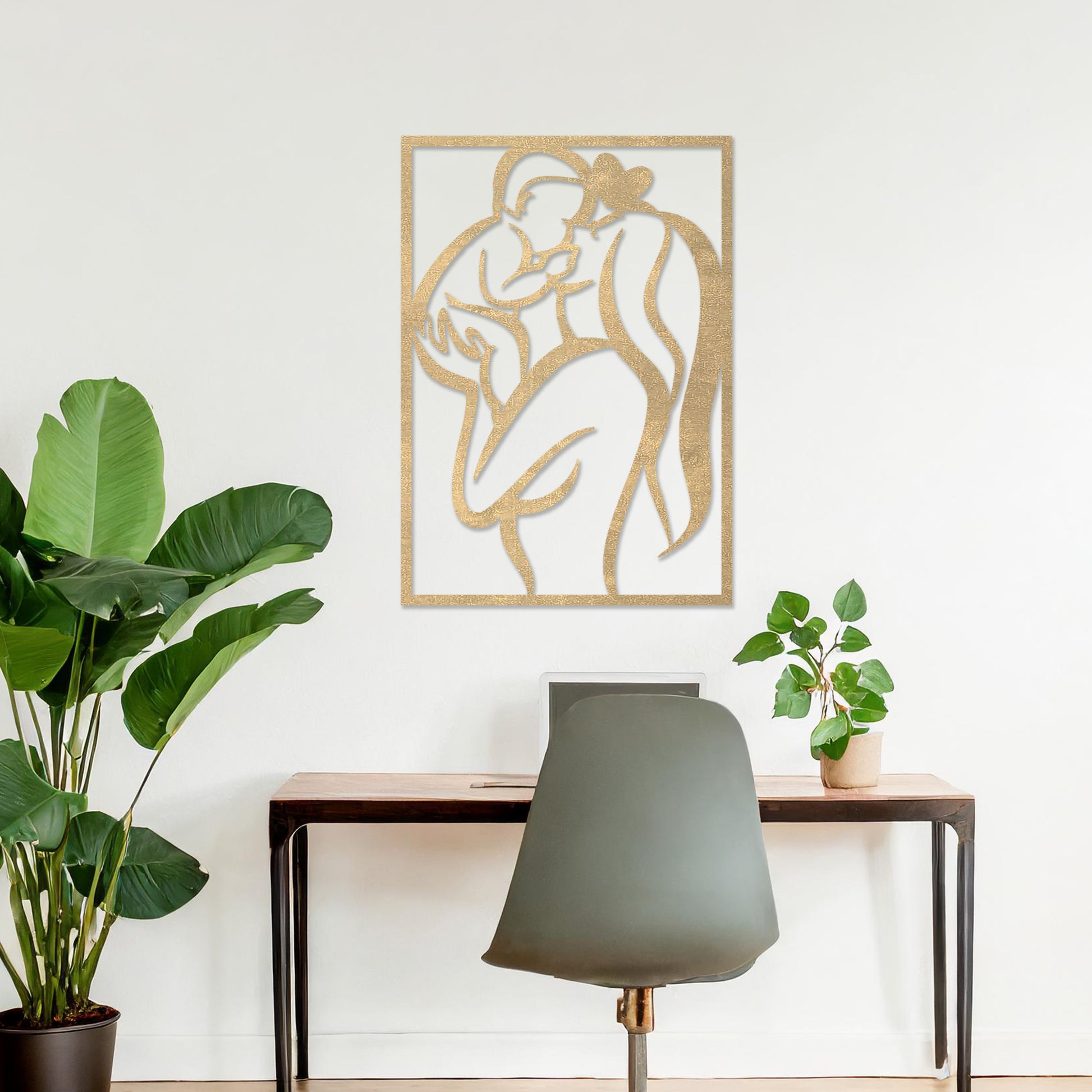 Wooden wall art featuring a rectangular design depicting a mother holding her baby in an abstract and heartfelt style. The artwork is displayed on a neutral wall within modern room decor, highlighting its emotional and artistic essence.