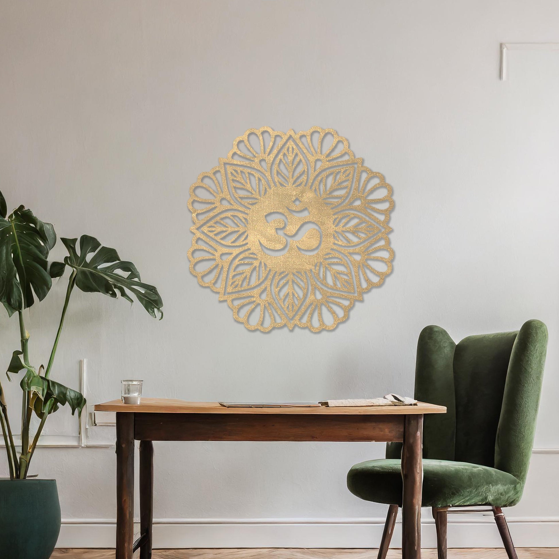 Wooden wall art featuring a mandala design with a central "Om" symbol surrounded by intricate floral and geometric patterns. The artwork is displayed on a neutral wall within modern room decor, highlighting its spiritual and artistic elegance.