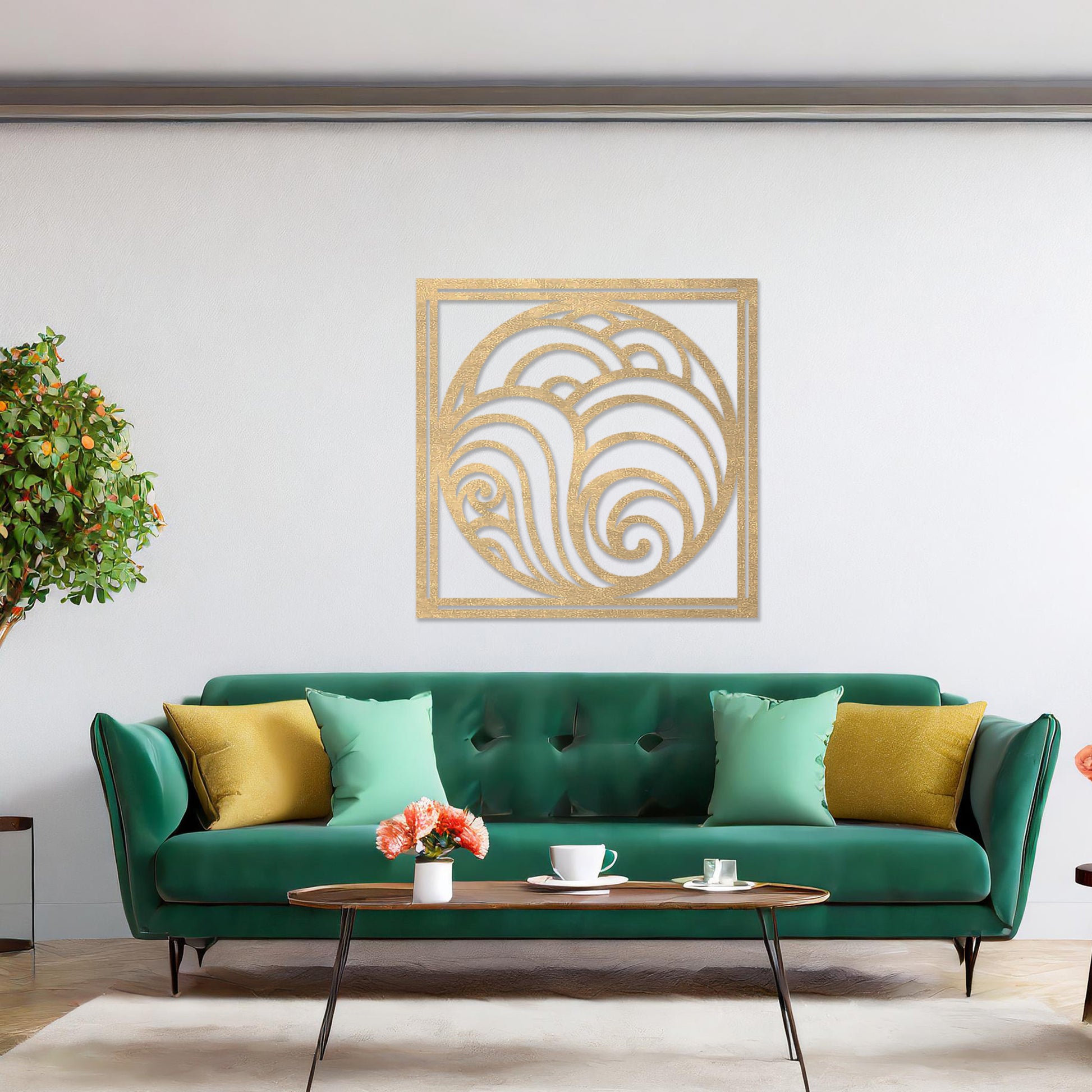 Wooden wall art design featuring a circular composition with flowing, wave-like patterns, placed on a neutral wall within modern room decor. The design evokes a sense of movement and balance with its rhythmic curves.