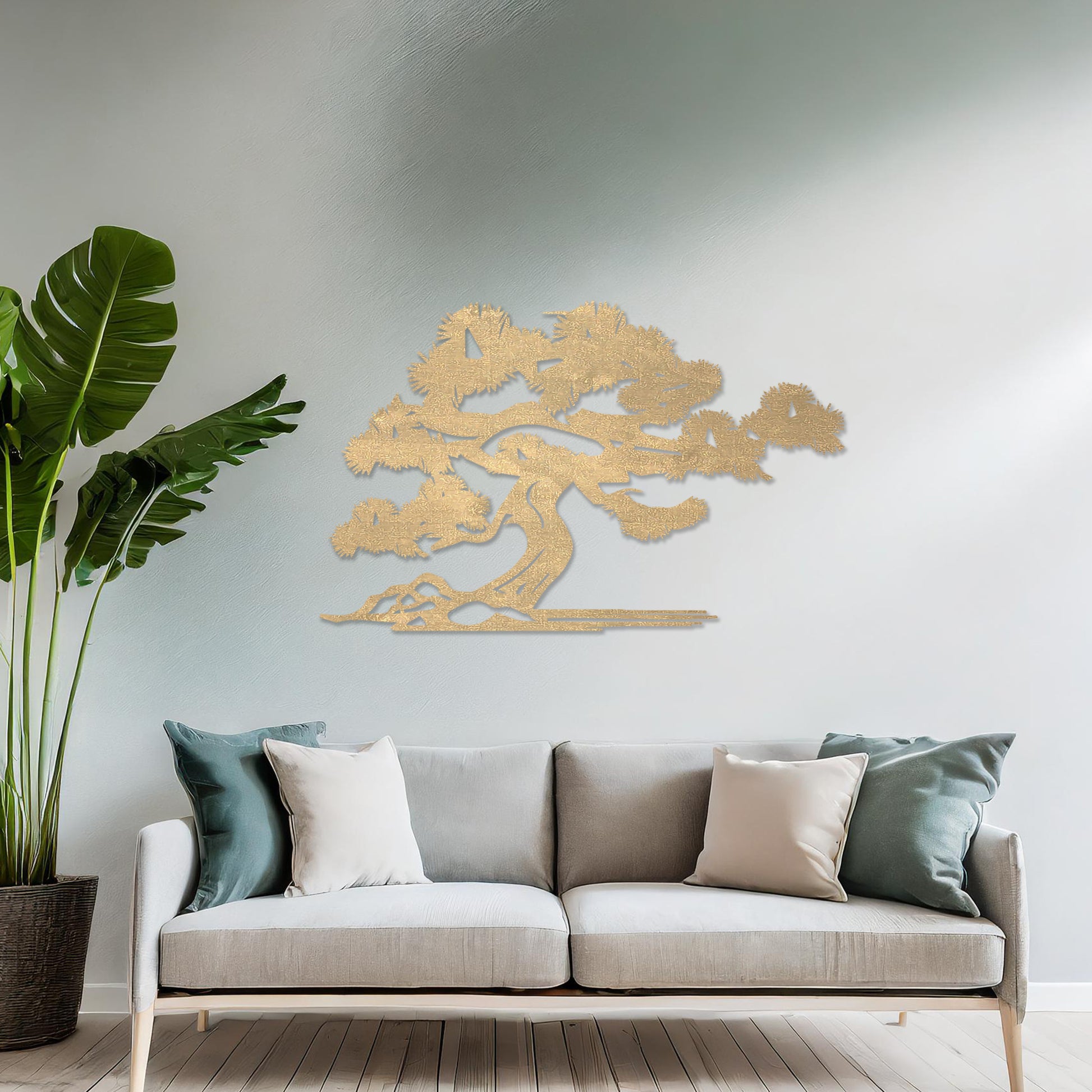 Wooden wall art featuring a bonsai-inspired tree design with detailed branches and roots, placed on a neutral wall within a modern room decor, showcasing its delicate craftsmanship and minimalist elegance.