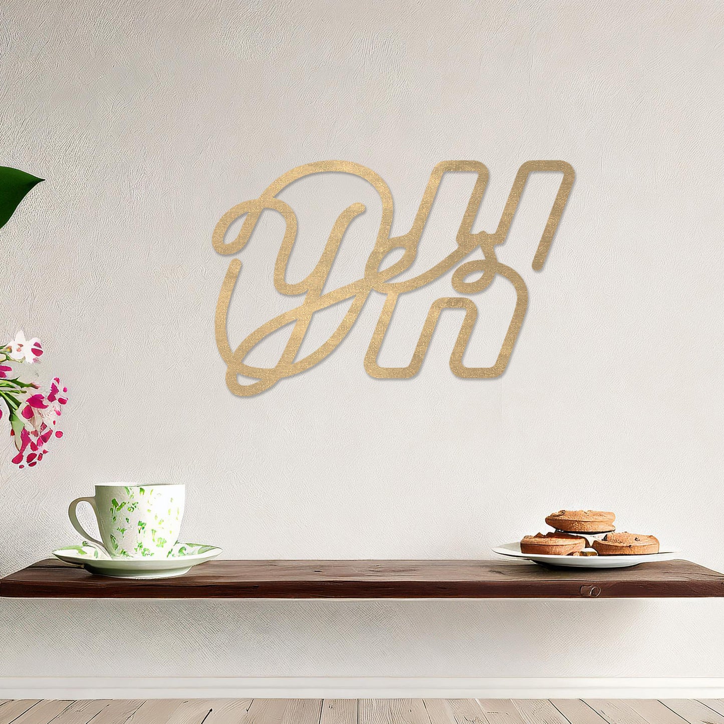 Wall art featuring the phrase "Oh Yes" in an elegant, flowing script combined with bold, block-style letters. The piece is displayed on a neutral wall within modern decor, adding a creative and playful touch to the space.
