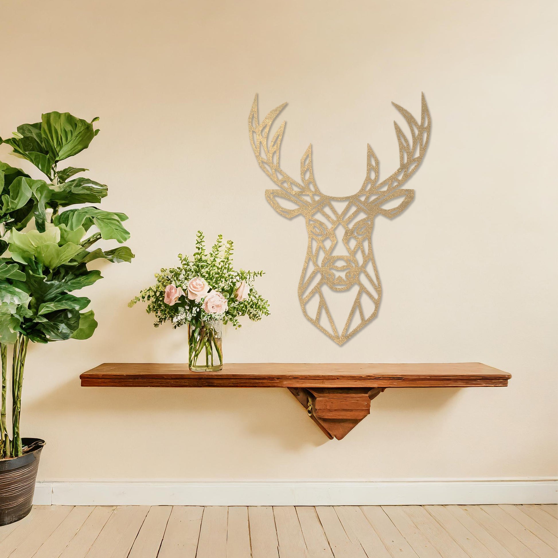 Wooden wall art featuring a geometric deer head design with intricate antlers, displayed on a neutral wall within modern room decor, showcasing its bold and contemporary artistic style.
