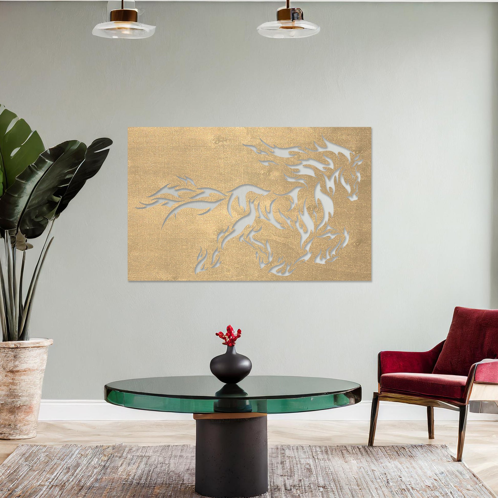 Wall art featuring a dynamic silhouette of a galloping horse with flame-inspired details creating a bold and striking design. The piece is displayed on a neutral wall within modern decor, serving as an eye-catching and artistic focal point.