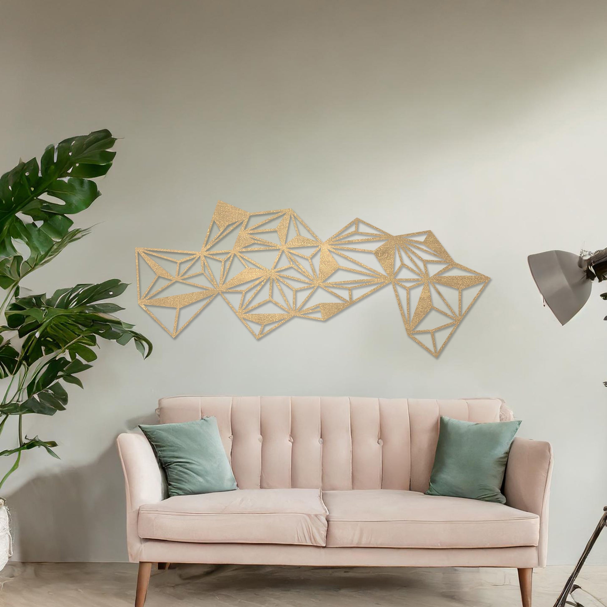 The design features an abstract arrangement of interlocking triangles, forming a dynamic, geometric pattern. Its sharp lines and angles create a bold, modern look, perfect for contemporary spaces.