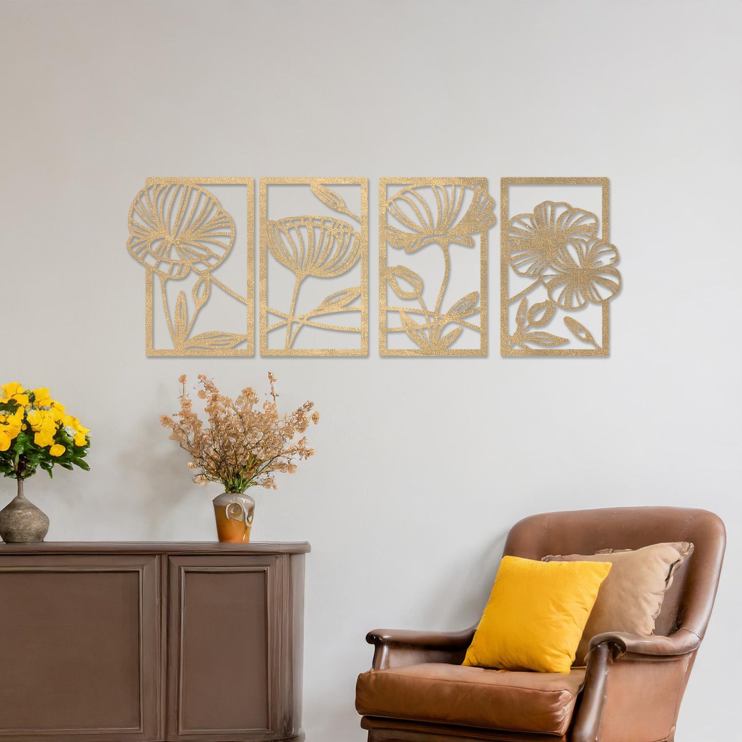 Wooden wall art featuring a four-panel design with intricate floral patterns of blooming flowers and leaves. The artwork is displayed on a neutral wall within modern room decor, highlighting its natural and elegant aesthetic.
