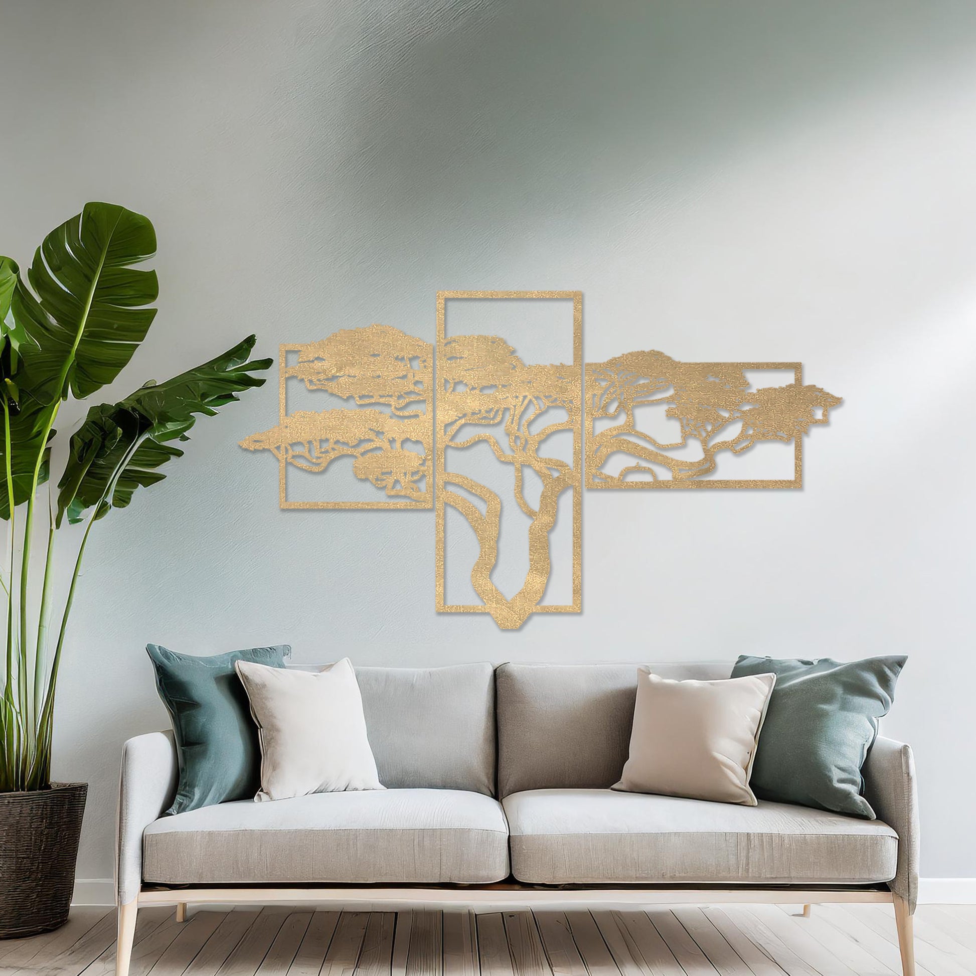 Wooden wall art featuring a multi-panel design of a tree with intricate branches, placed on a neutral wall within modern room decor, showcasing its detailed craftsmanship and elegant composition.