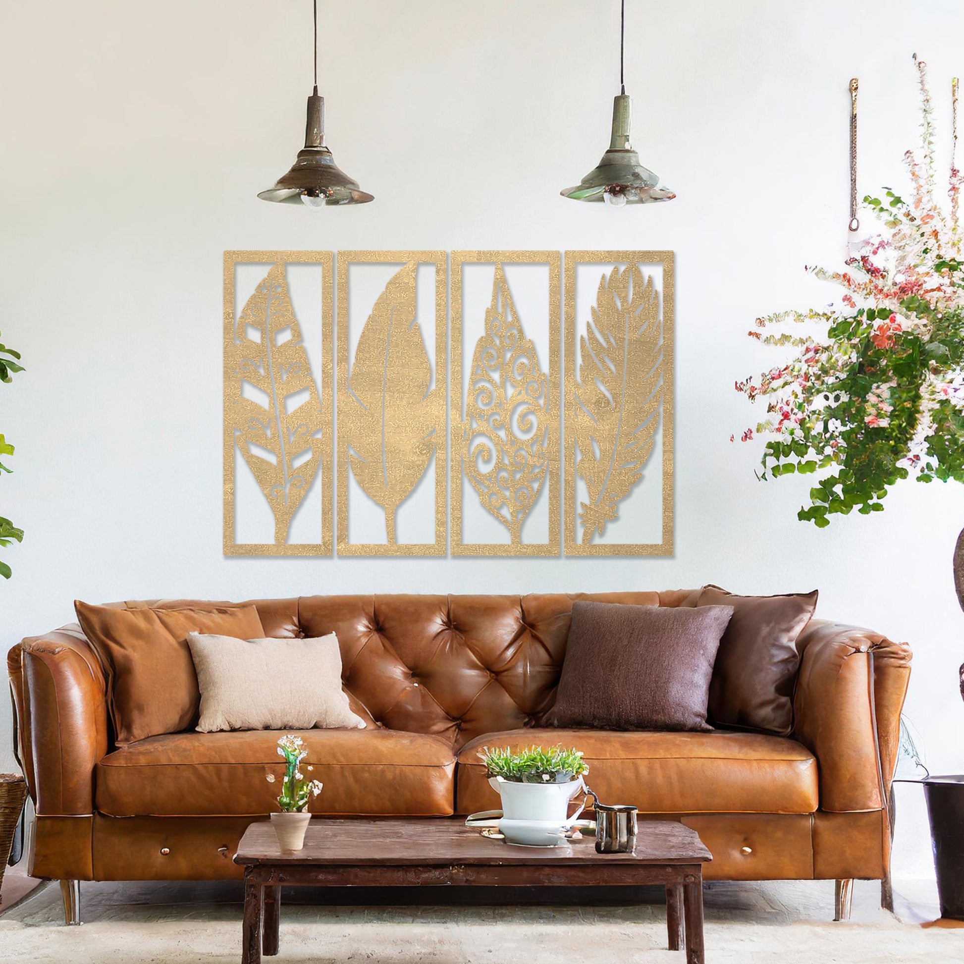 Wooden wall art design featuring five vertical panels, each with a different leaf design, placed on a neutral wall within modern room decor. The design combines organic shapes with intricate details for a natural yet elegant aesthetic.