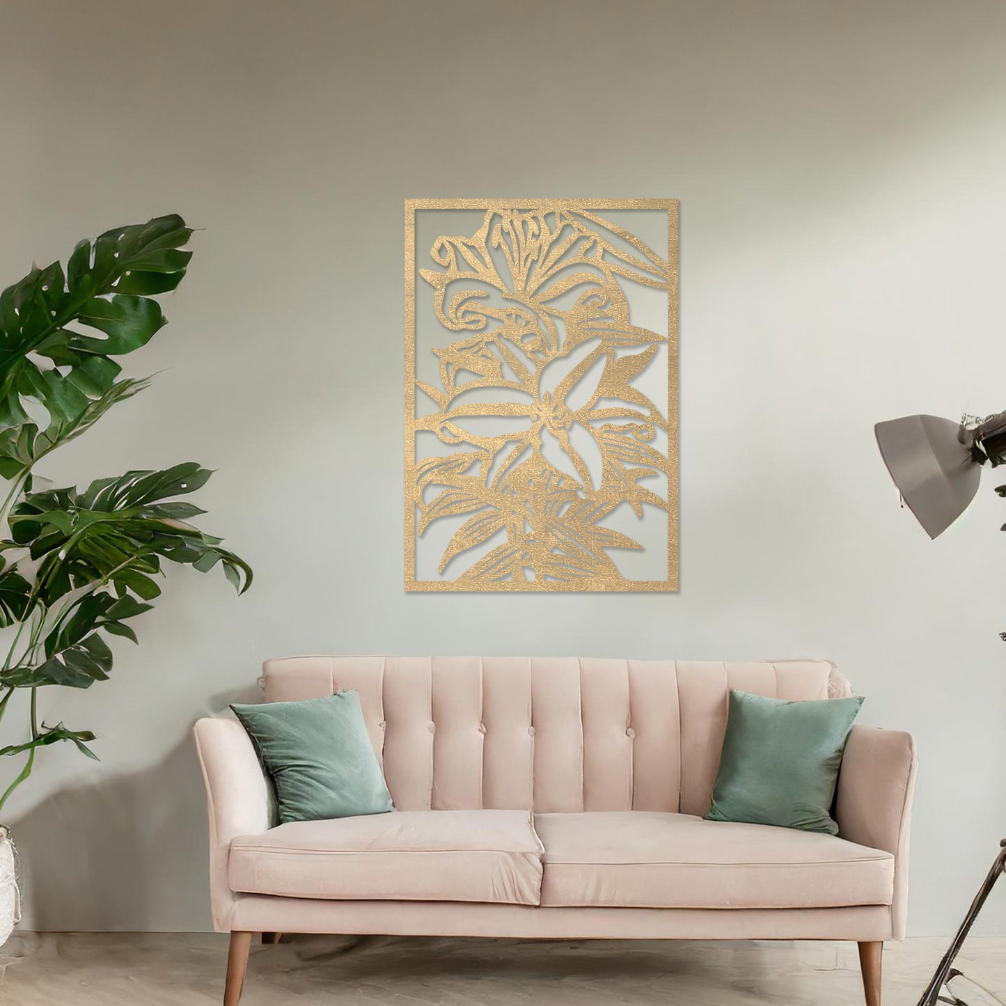 Wall art featuring a botanical design of blooming lilies with intricate details of petals and leaves. The artwork is displayed on a neutral wall within modern room decor, enhancing the space with a natural and elegant touch.