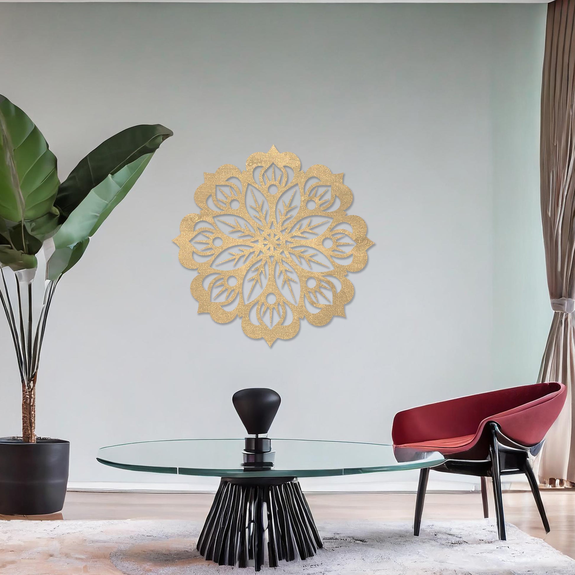 Wooden wall art featuring a circular mandala design with intricate floral and geometric patterns. The artwork is displayed on a neutral wall within modern room decor, highlighting its artistic and symmetrical elegance.