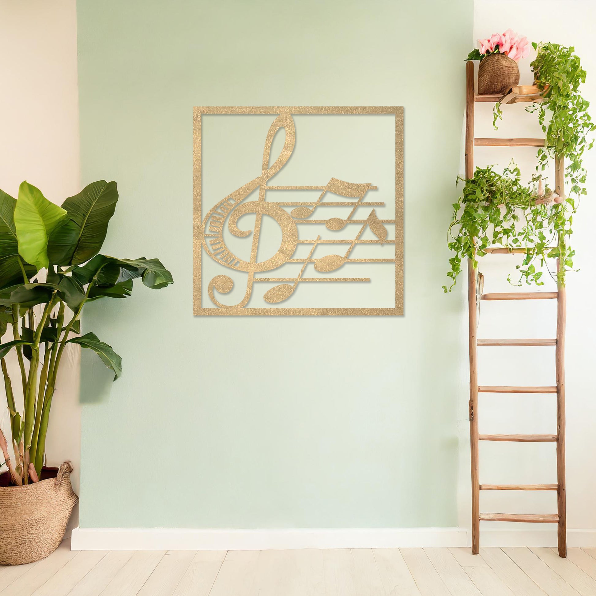 Wooden wall art featuring a musical design with a treble clef, musical notes, and staff lines, displayed on a neutral wall within modern room decor, highlighting its artistic and creative craftsmanship.