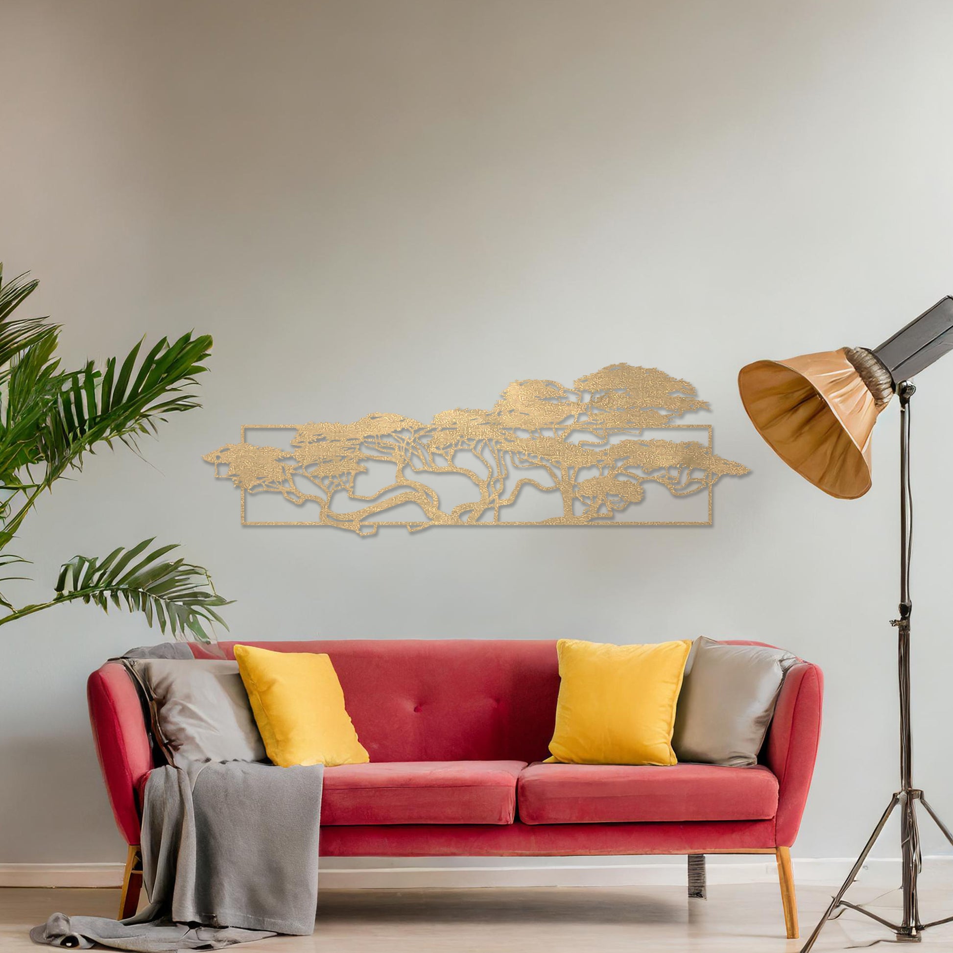 Wooden wall art featuring a panoramic design of windswept trees with intricate branches, displayed on a neutral wall within modern room decor, emphasising its natural elegance and artistic detail.
