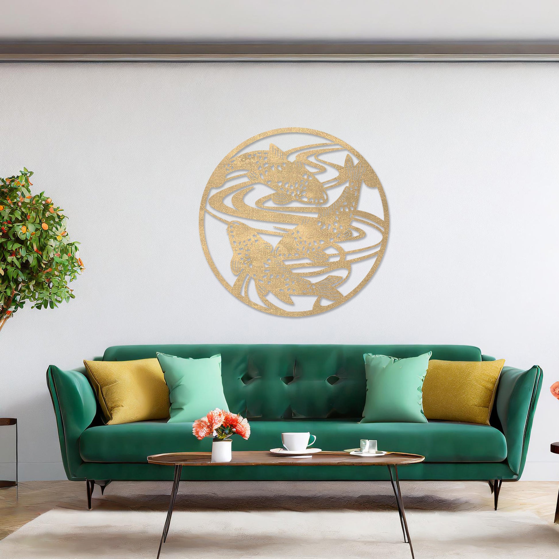 Wooden wall art design featuring koi fish swimming in circular patterns, framed in a round shape, placed on a neutral wall within modern room decor. The design evokes tranquility and movement with its elegant depiction of nature.