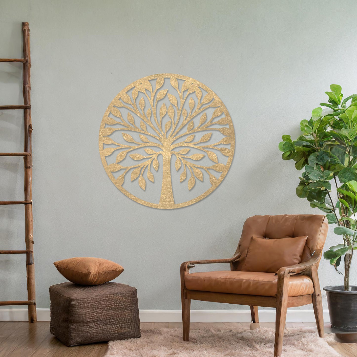 Wooden wall art featuring a circular tree design with stylised leaves and branches, displayed on a neutral wall within modern room decor, highlighting its elegant and nature-inspired craftsmanship.