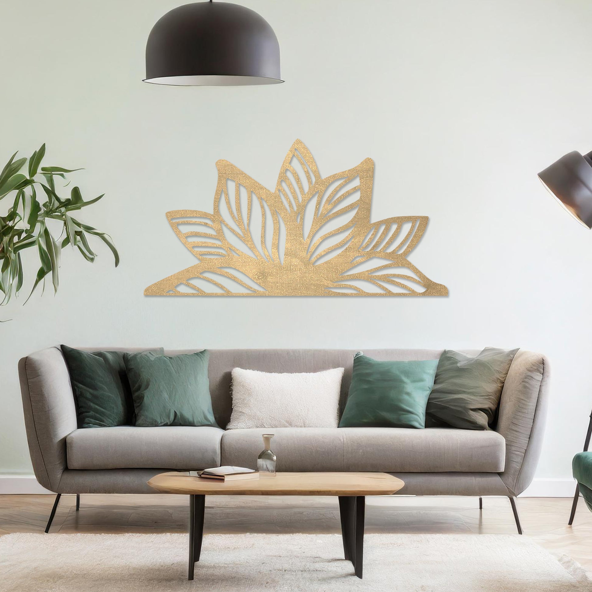 Wall art featuring a lotus-inspired design with layered leaves and intricate cut-out patterns. The piece is displayed on a neutral wall within modern decor, adding a natural and calming focal point to the space.