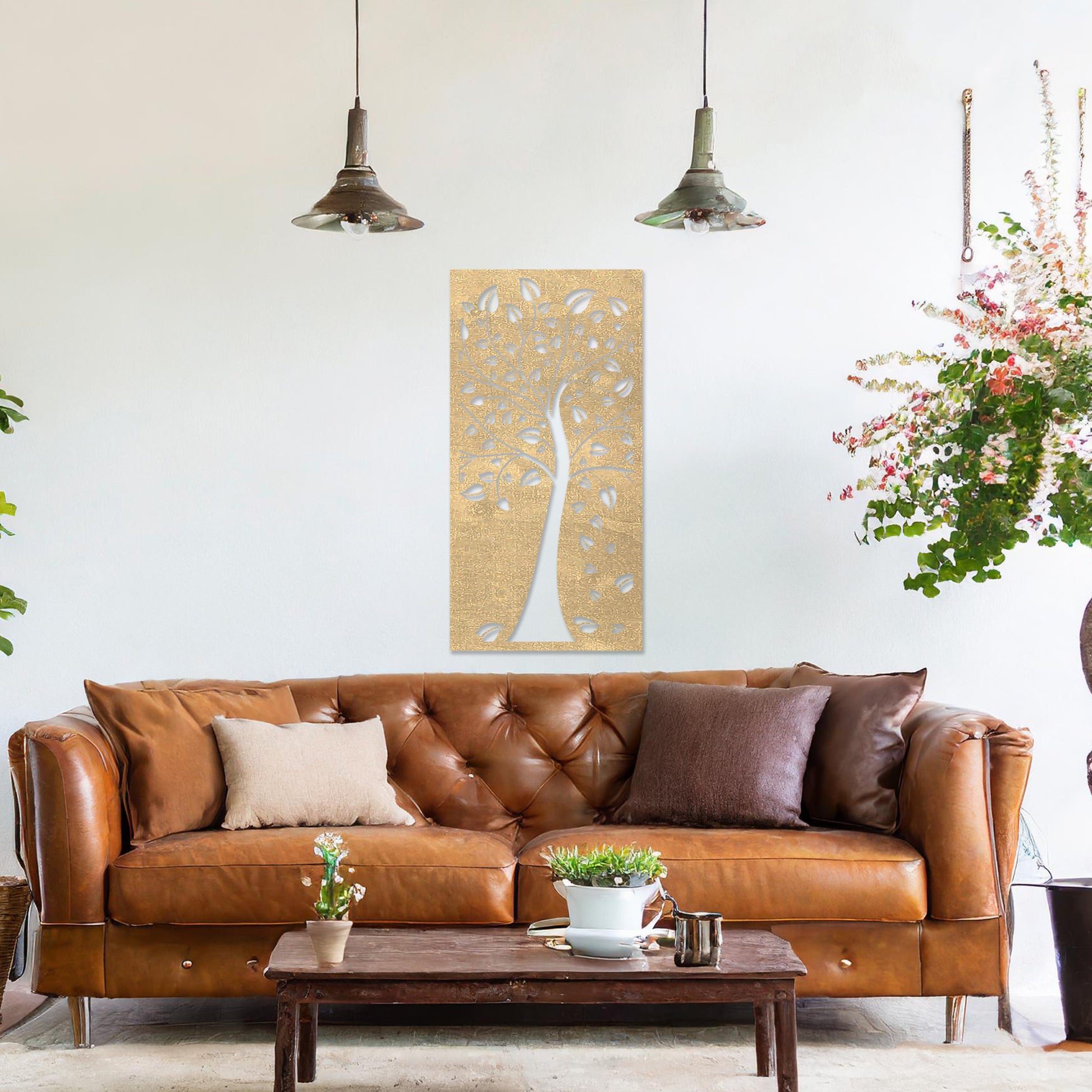This design showcases a stylized tree with intricate branches and falling leaves, all within a vertical frame. The delicate detailing evokes natural beauty, adding an elegant touch to any modern room.