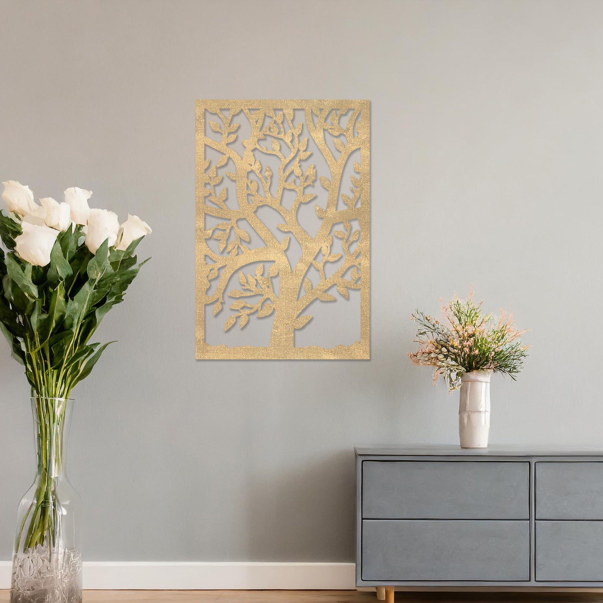 This design features a tree with intricate branches and leaves within a rectangular frame, offering a natural and serene aesthetic. It brings a sense of growth and harmony to modern interiors.