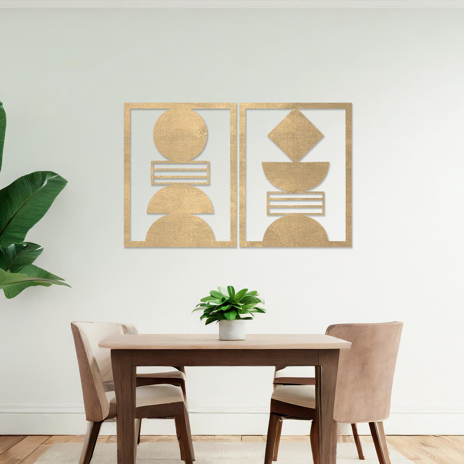 Wall art featuring a set of two geometric abstract designs, each framed with symmetrical shapes and minimalist patterns. The pieces are displayed on a neutral wall within modern room decor, enhancing the contemporary aesthetic.